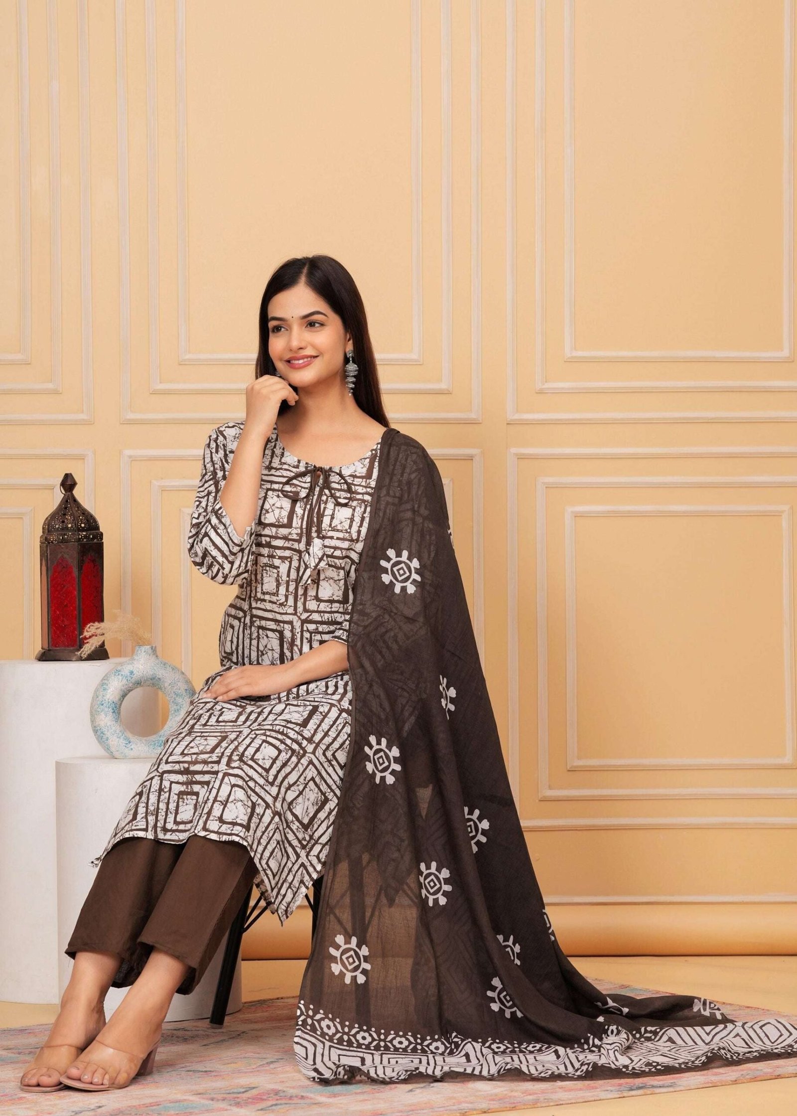 Women’s Cotton Hand Block Printed Straight Kurti with Pant and Printed Dupatta