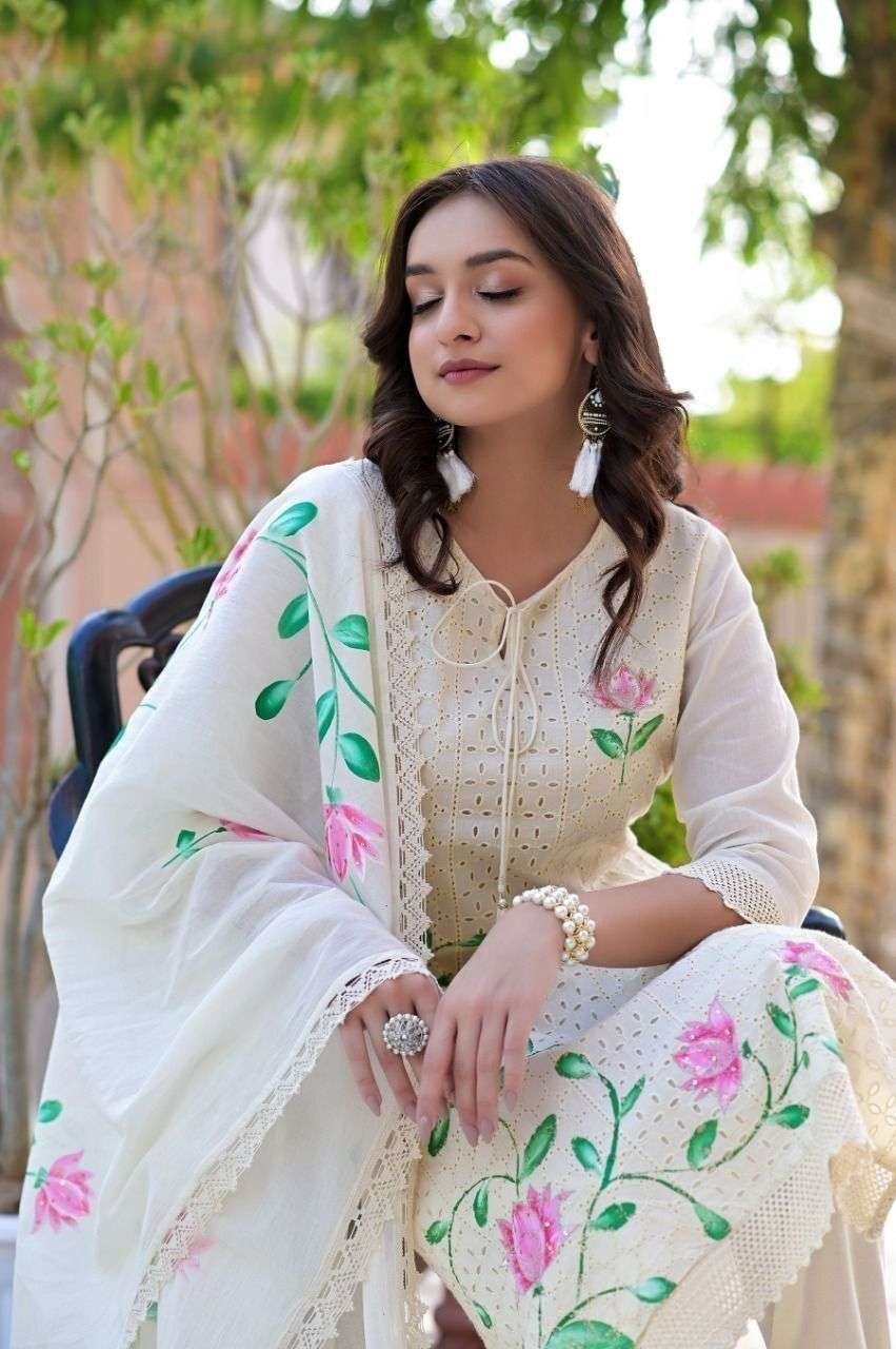 Women’s Cotton Hand-Painted Chicken Shifli Straight Kurti With Pant and Mulmul Dupatta Set