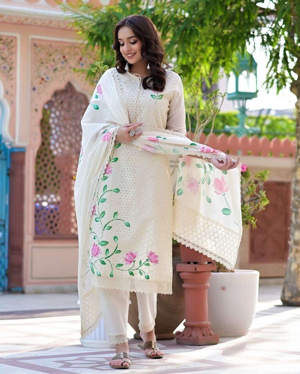 Women’s Cotton Hand-Painted Chicken Shifli Straight Kurti With Pant and Mulmul Dupatta Set