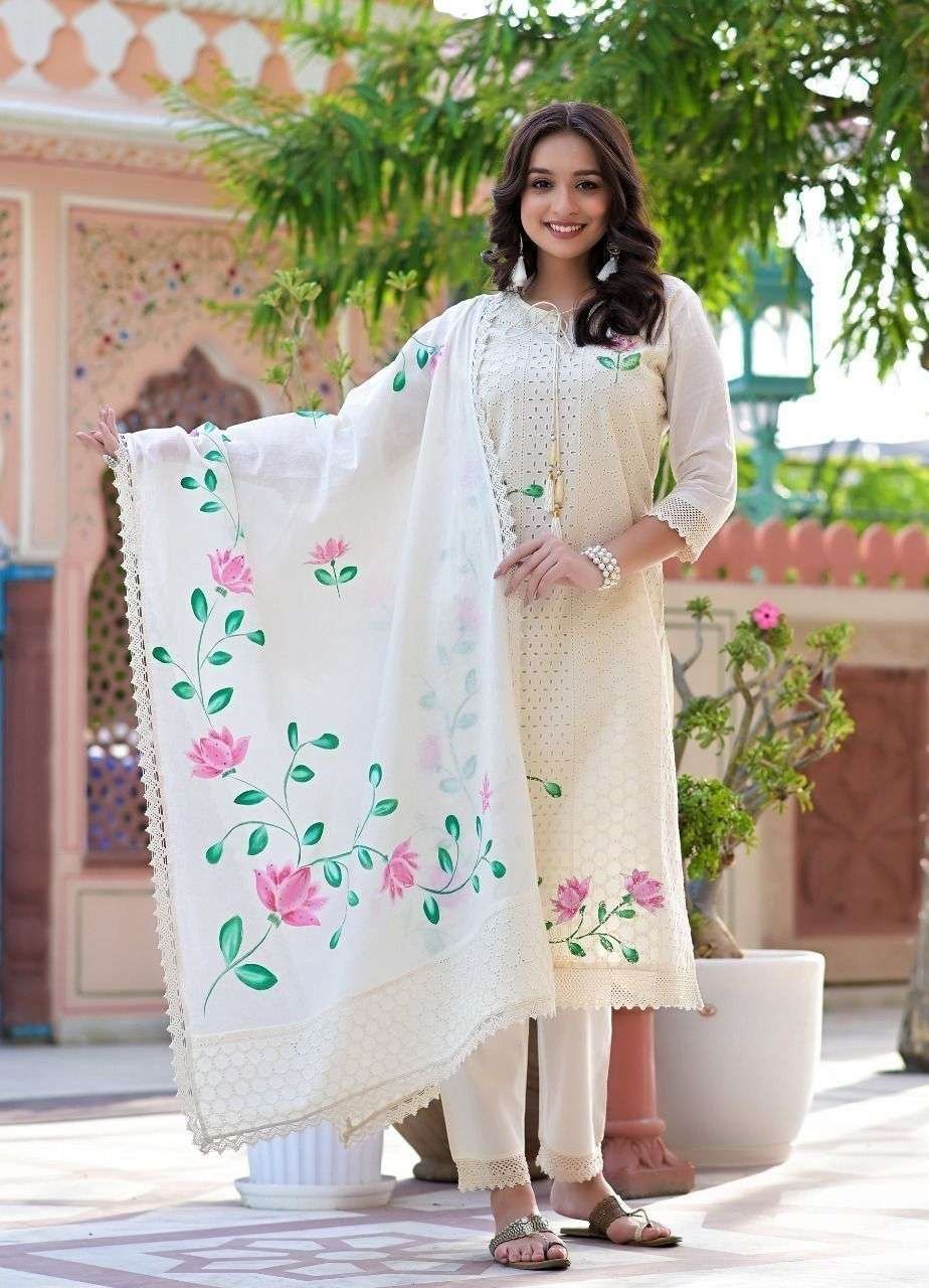 Women’s Cotton Hand-Painted Chicken Shifli Straight Kurti With Pant and Mulmul Dupatta Set