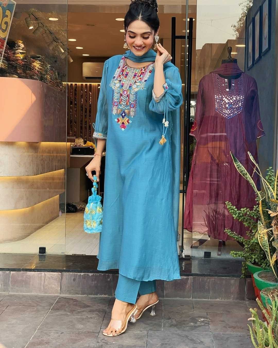 Women’s Cotton Mirror Work Embroidered Straight Kurti With Pant and Dupatta Set