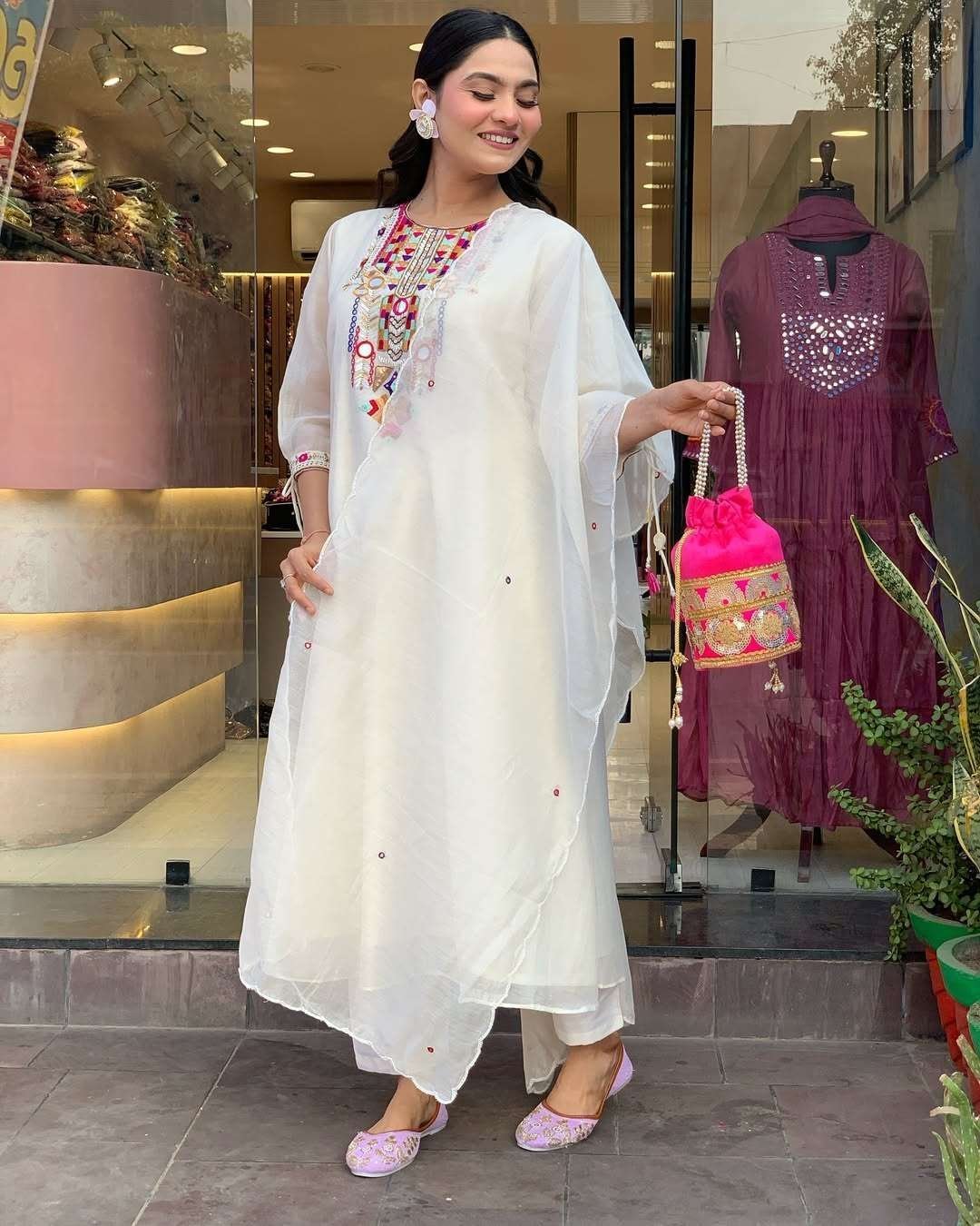 Women’s Cotton Mirror Work Embroidered Straight Kurti With Pant and Dupatta Set