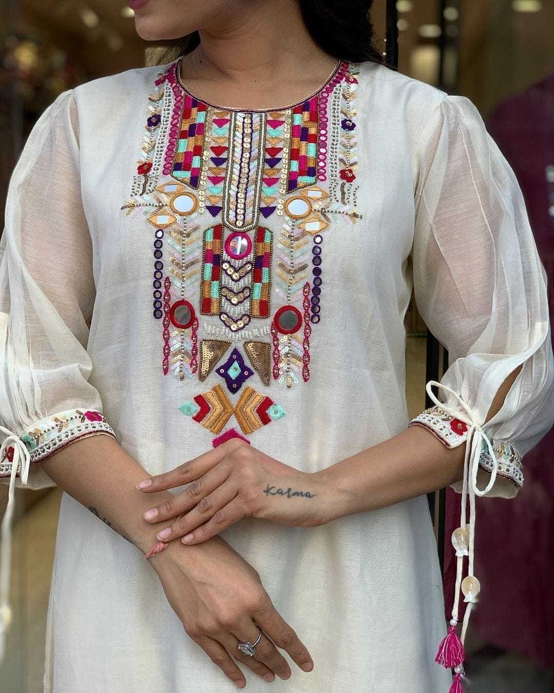 Women’s Cotton Mirror Work Embroidered Straight Kurti With Pant and Dupatta Set