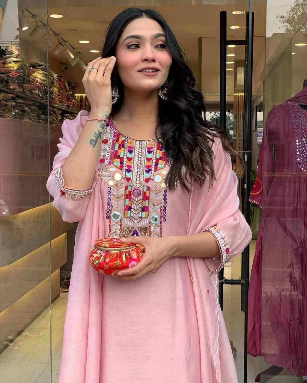 Women’s Cotton Mirror Work Embroidered Straight Kurti With Pant and Dupatta Set