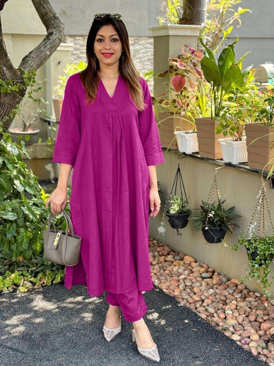 Women’s Cotton Plain Coard set A-Line Straight Kurti With Pant