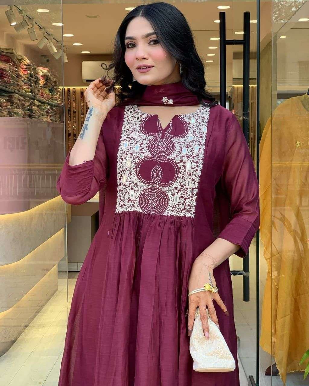 Women’s Cotton Printed Anarkali Kurti With Pant and Mulmul Dupatta Set