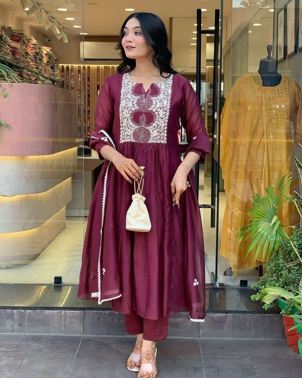 Women’s Cotton Printed Anarkali Kurti With Pant and Mulmul Dupatta Set