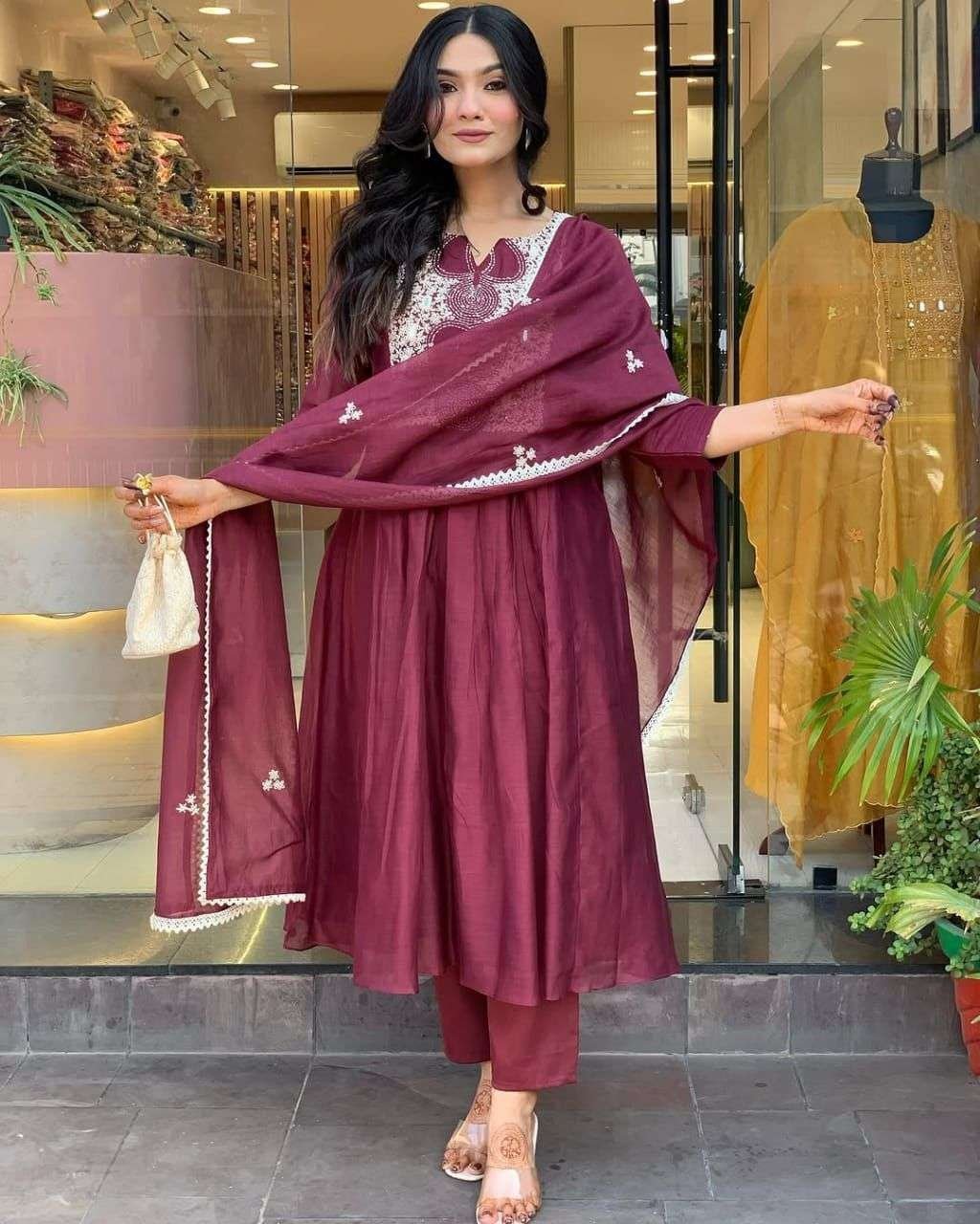 Women’s Cotton Printed Anarkali Kurti With Pant and Mulmul Dupatta Set