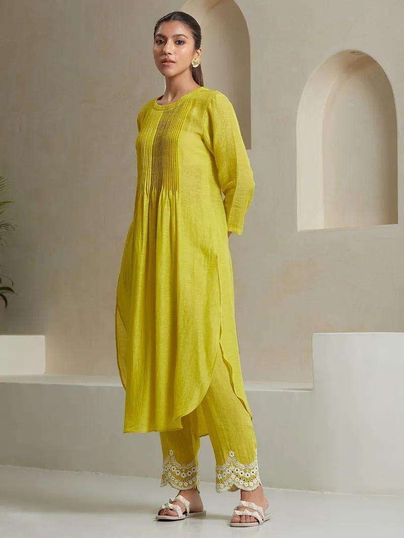 Women’s Cotton Printed Line Flared Straight Kurti with Palazzo and Dupatta (Parrot Green)