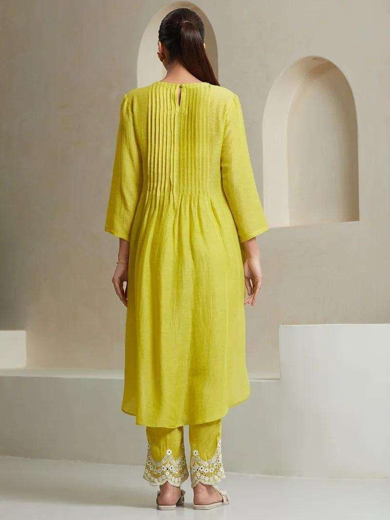Women’s Cotton Printed Line Flared Straight Kurti with Palazzo and Dupatta (Parrot Green)
