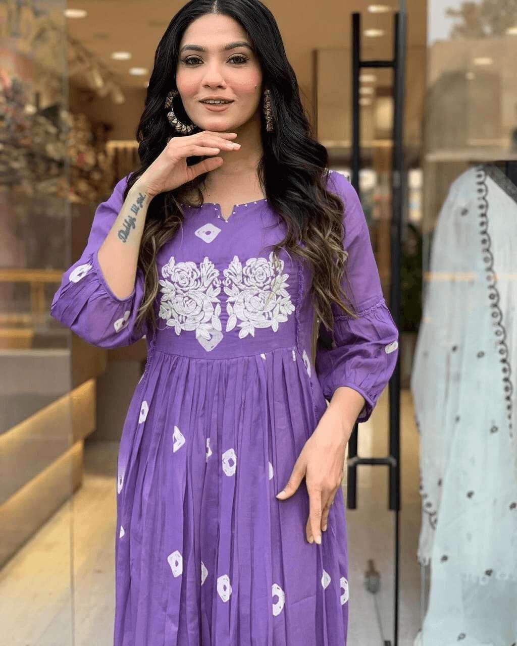 Women’s Cotton Printed Long Anarkali Kurti With Pant