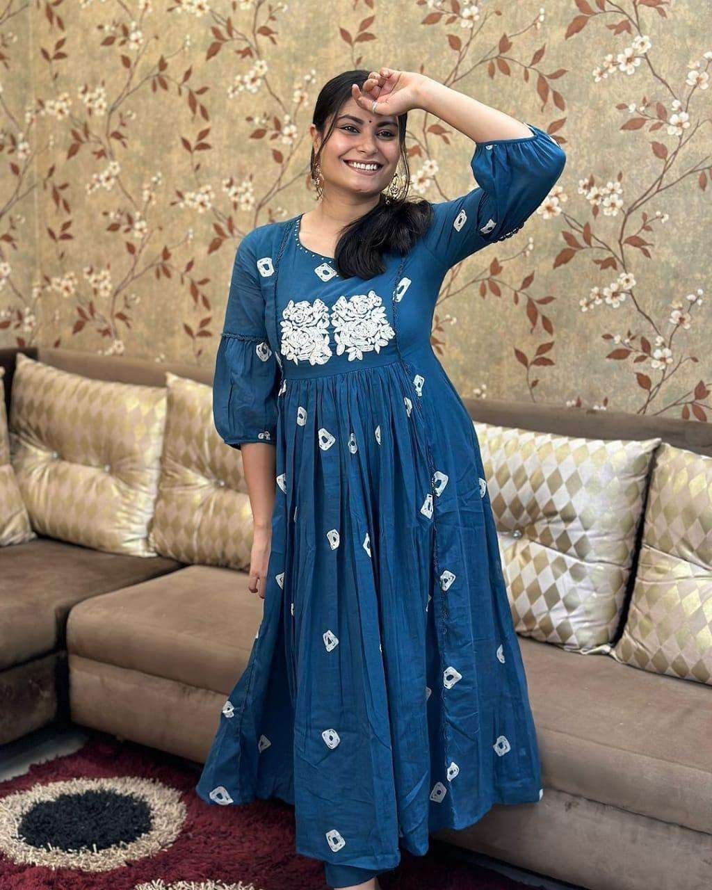 Women’s Cotton Printed Long Anarkali Kurti With Pant