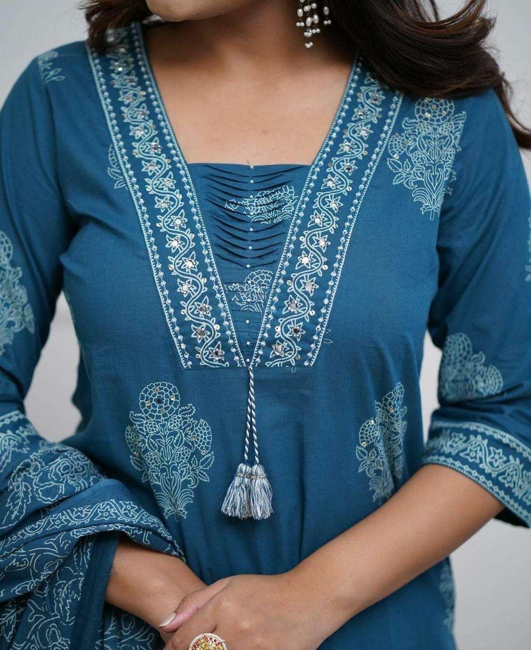 Women’s Cotton Printed Straight Kurti with pant and Dupatta Set