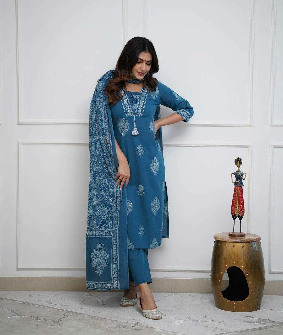 Women’s Cotton Printed Straight Kurti with pant and Dupatta Set