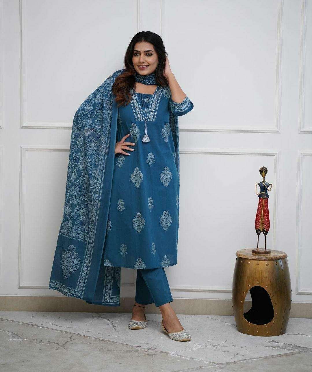 Women’s Cotton Printed Straight Kurti with pant and Dupatta Set