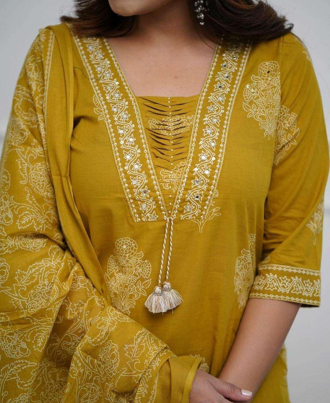 Women’s Cotton Printed Straight Kurti with pant and Dupatta Set