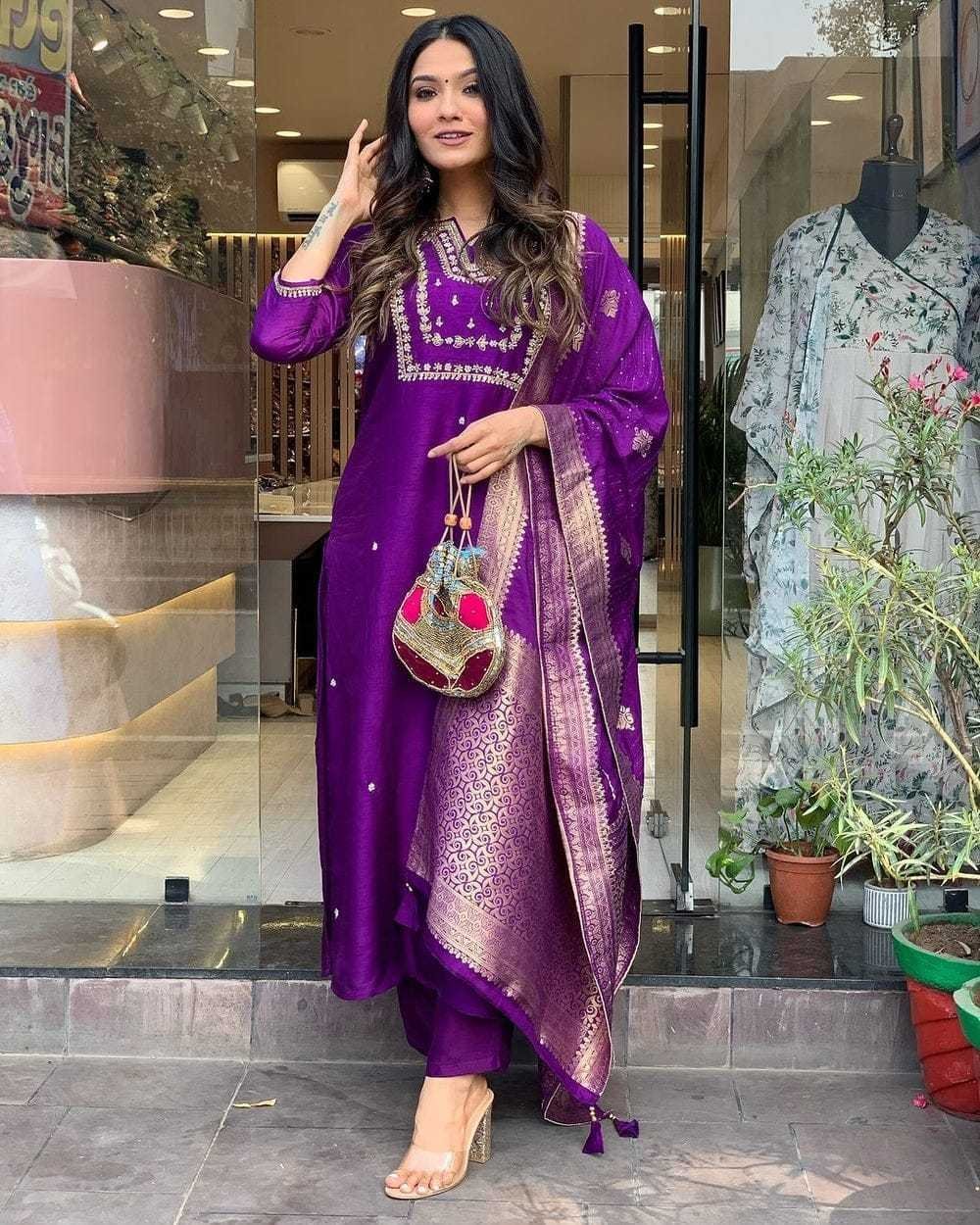 Women’s Viscose Silk Heavy Embroidered Straight Kurta With Trouser & Banarasi Jacquard Dupatta Set