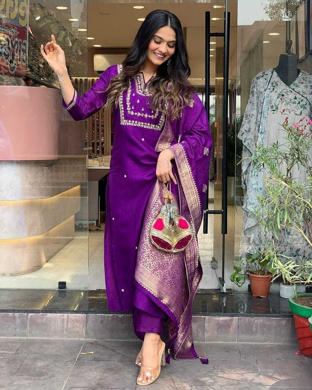 Women’s Viscose Silk Heavy Embroidered Straight Kurta With Trouser & Banarasi Jacquard Dupatta Set