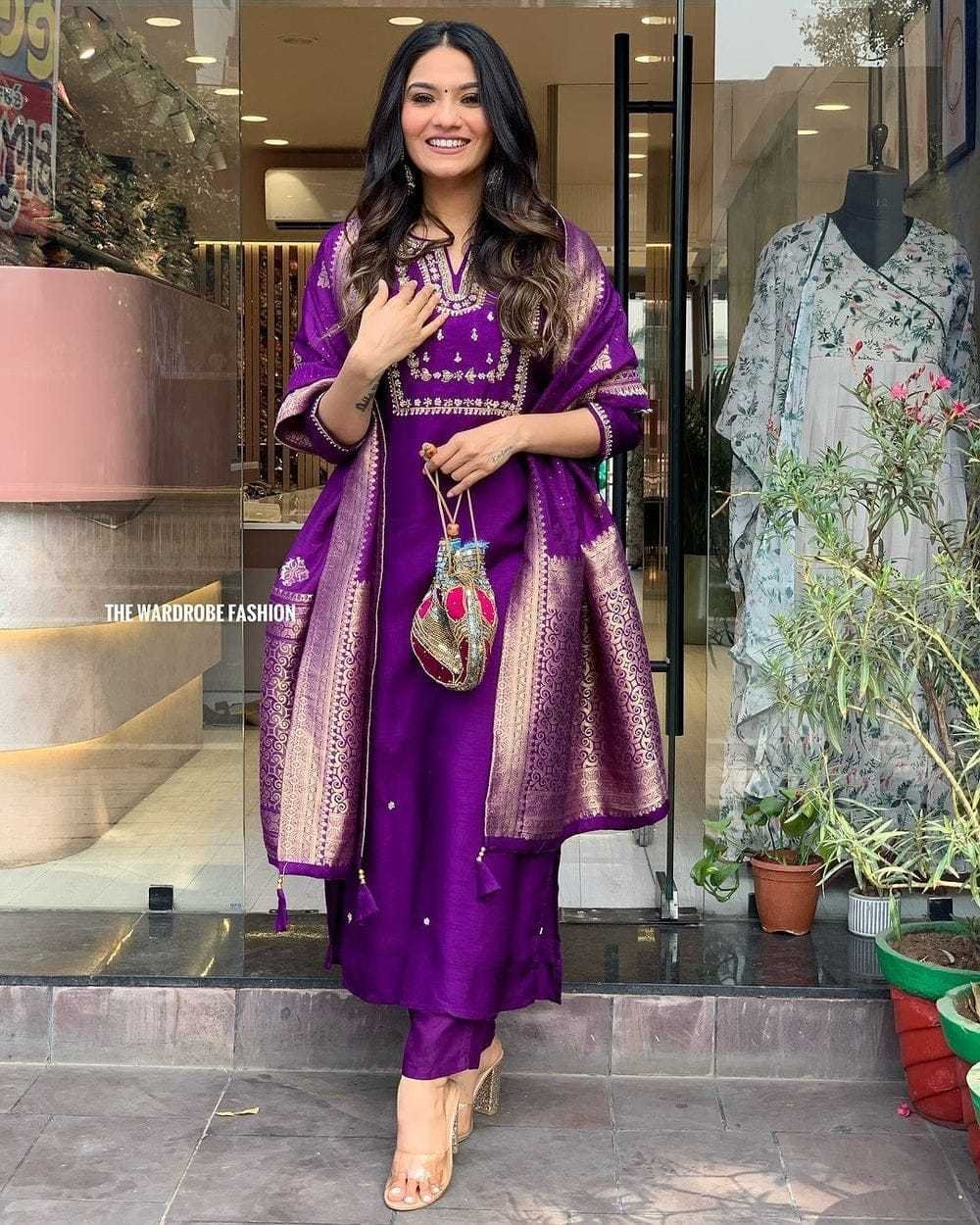 Women’s Viscose Silk Heavy Embroidered Straight Kurta With Trouser & Banarasi Jacquard Dupatta Set