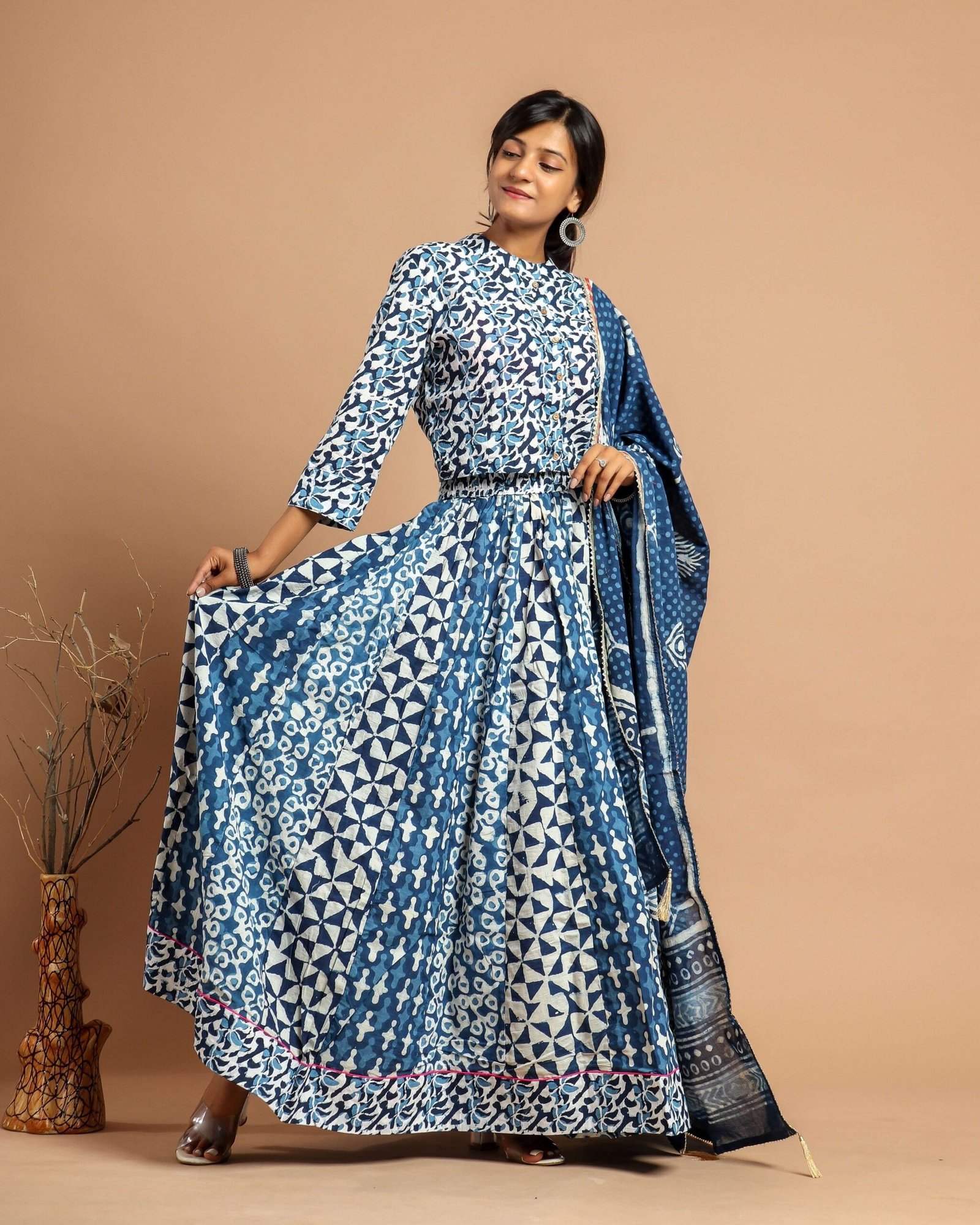 Women’s Blue Cotton Printed Lehenga Choli Dupatta Set