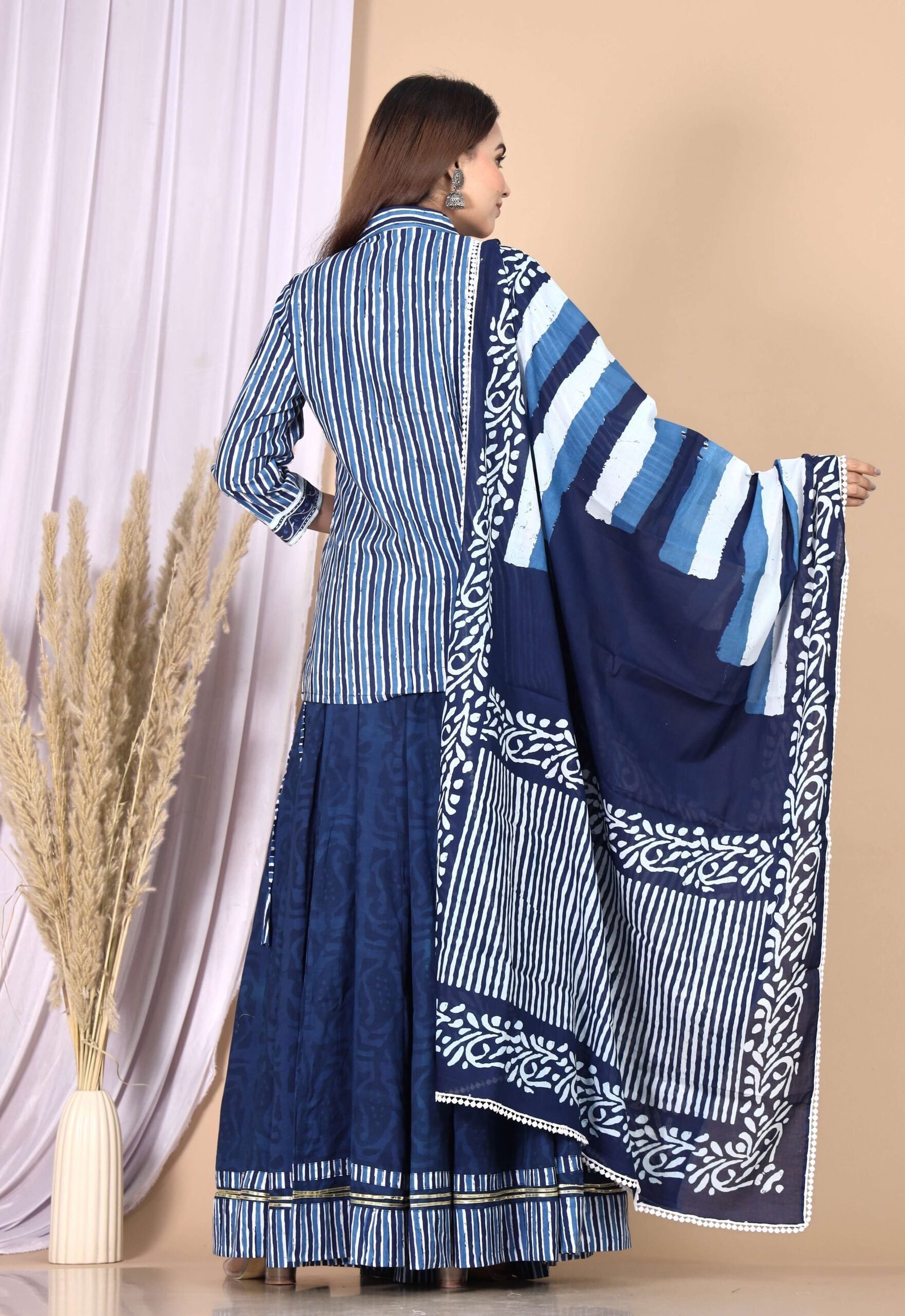 Women’s Blue Cotton Printed Lehenga Choli Dupatta Set