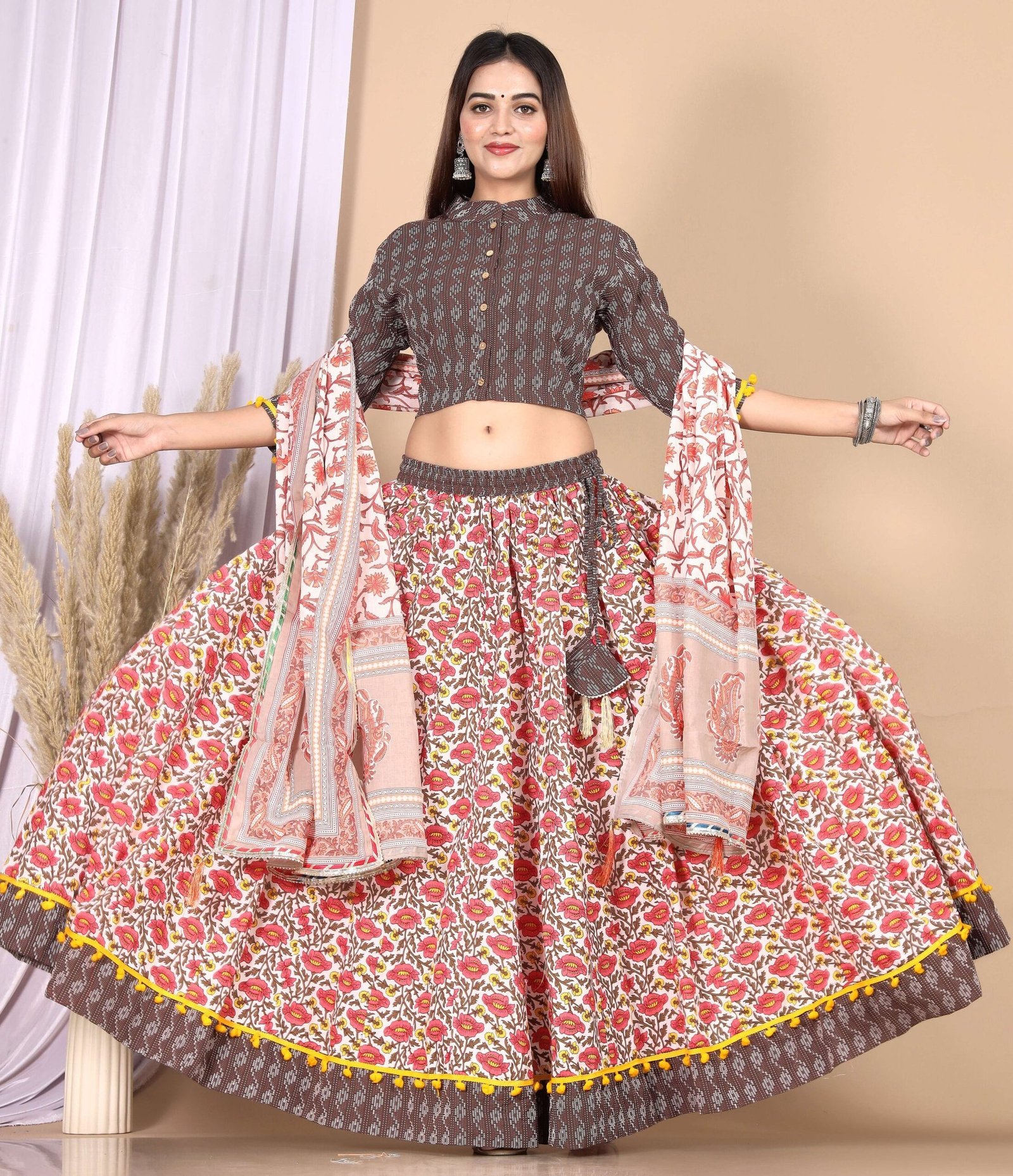 Women’s Brown Cotton Printed Lehenga Choli Dupatta Set