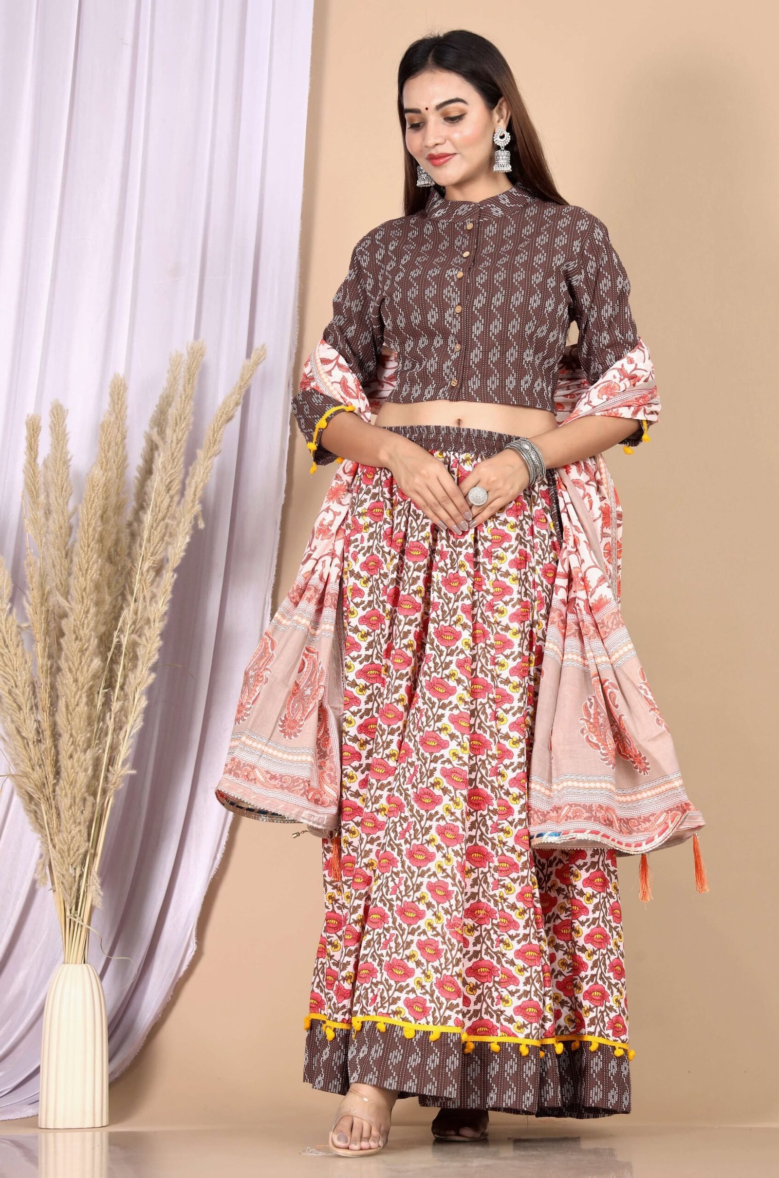 Women’s Brown Cotton Printed Lehenga Choli Dupatta Set