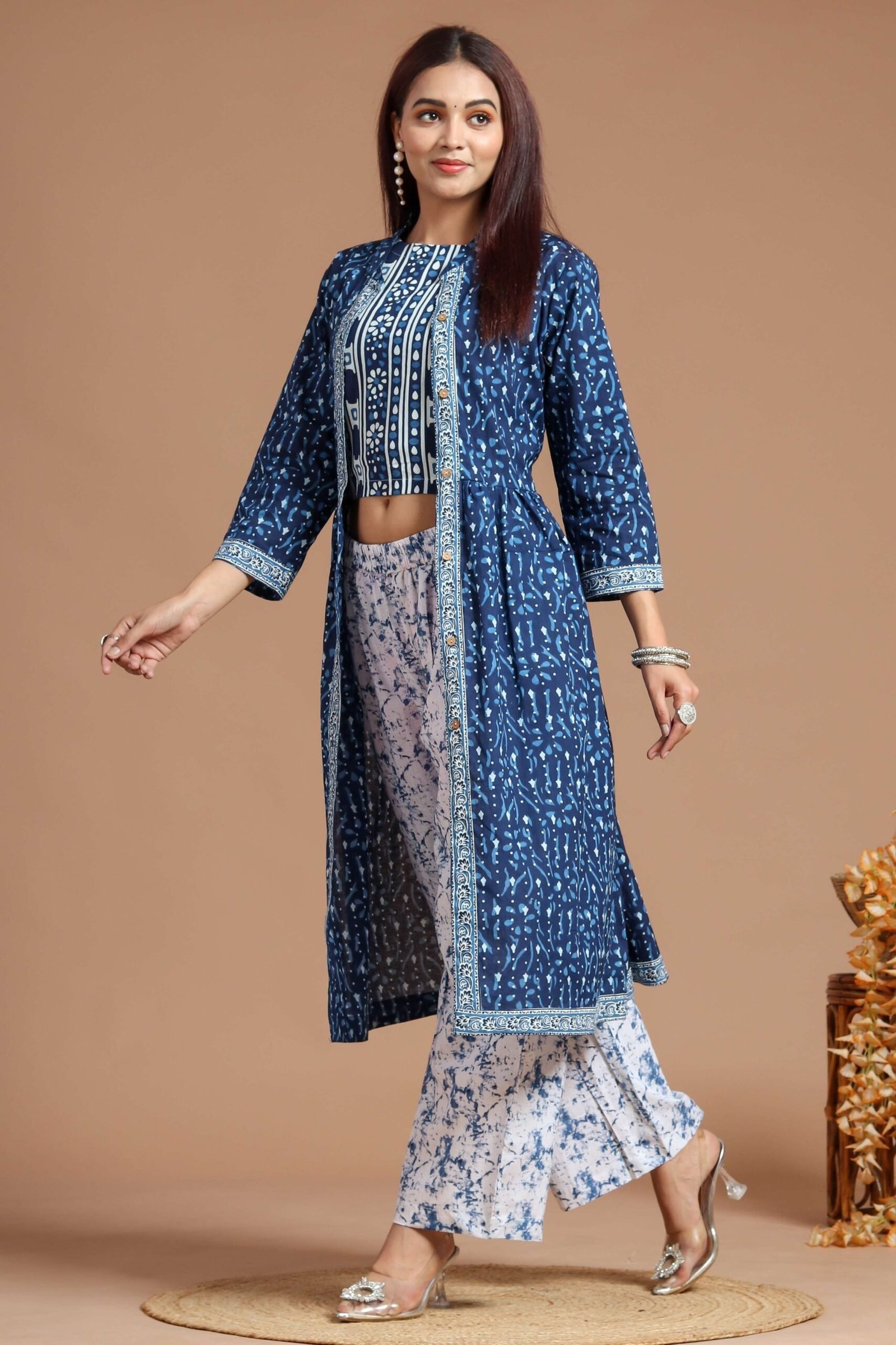Women’s Printed Long Shrug with Crop Top & Floral Pant Set