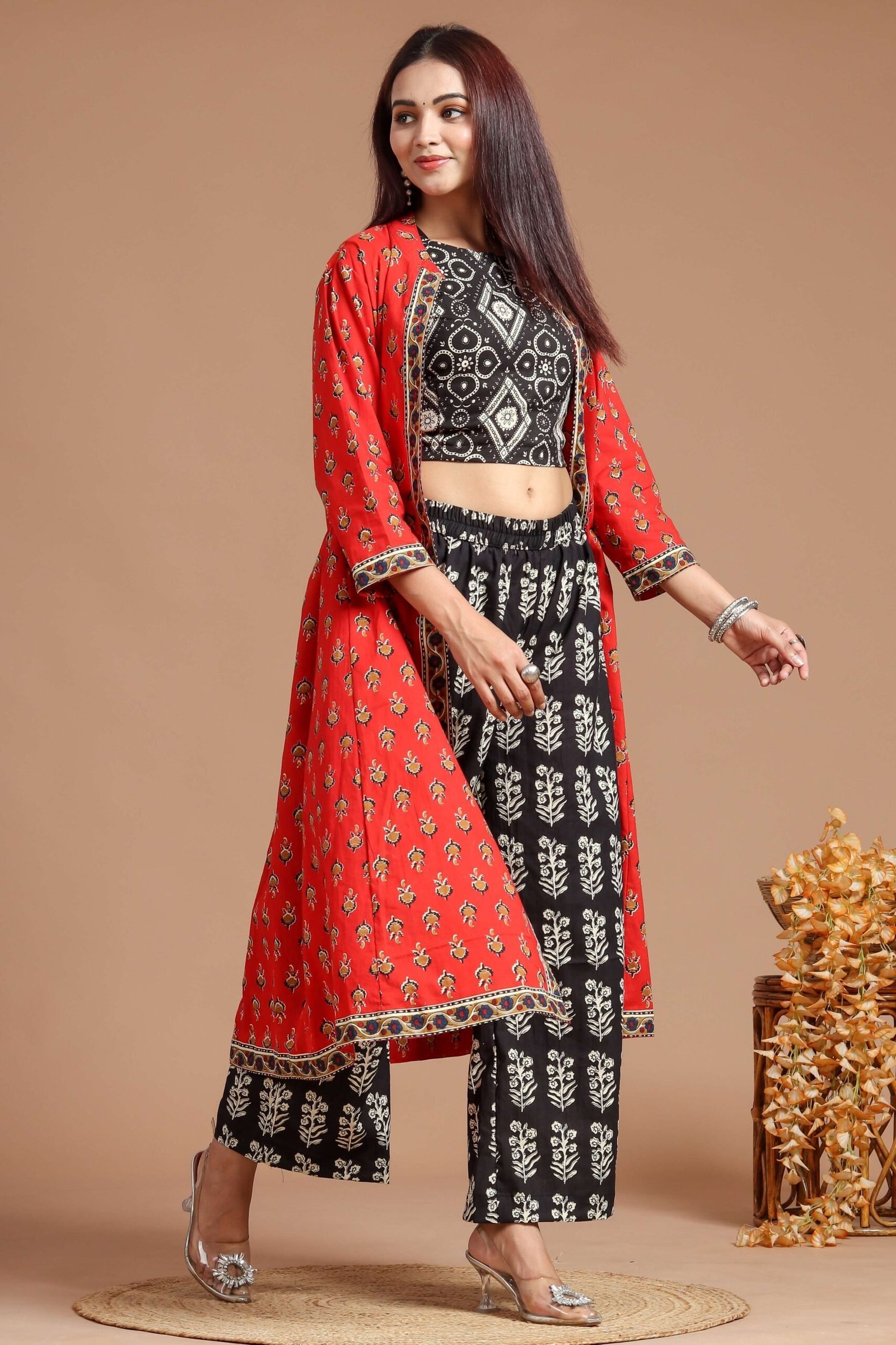 Women’s Printed Long Shrug with Crop Top & Floral Pant Set