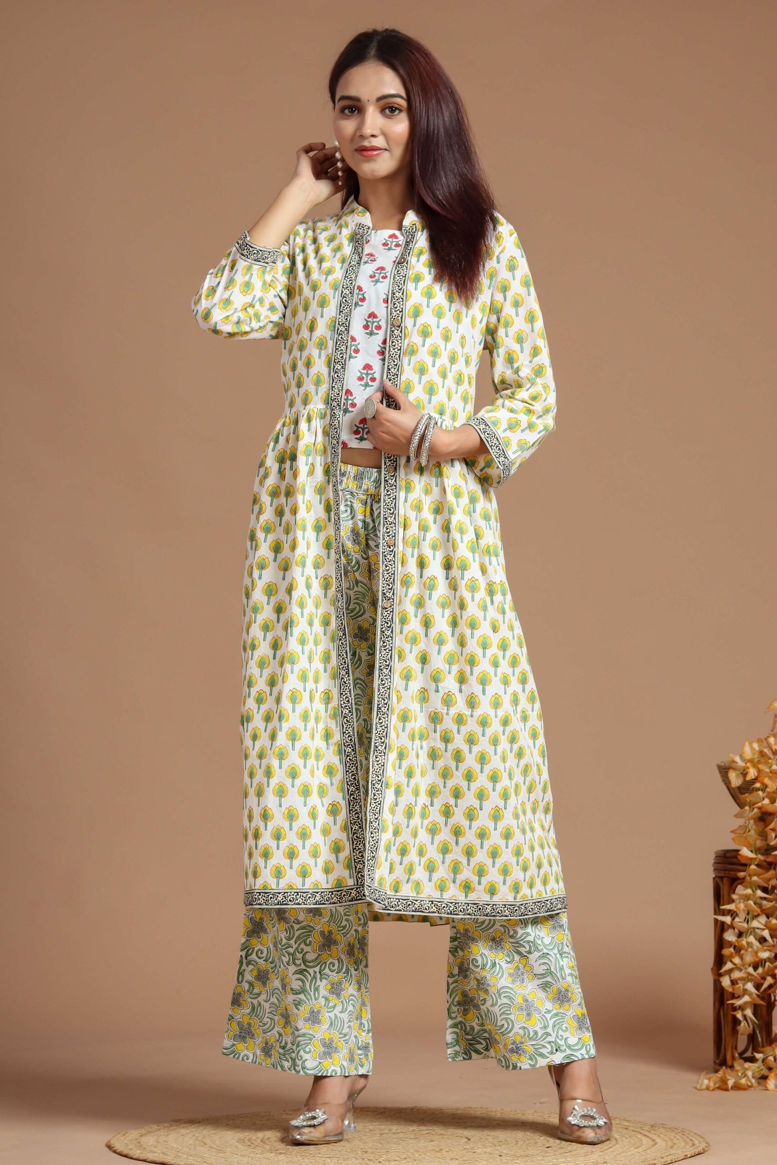 Women’s Printed Long Shrug with Crop Top & Floral Print Pant Set