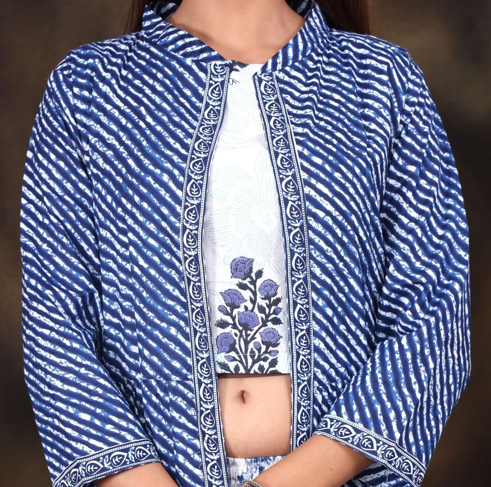 Women’s Printed Long Shrug with Crop Top & Printed Pant Set