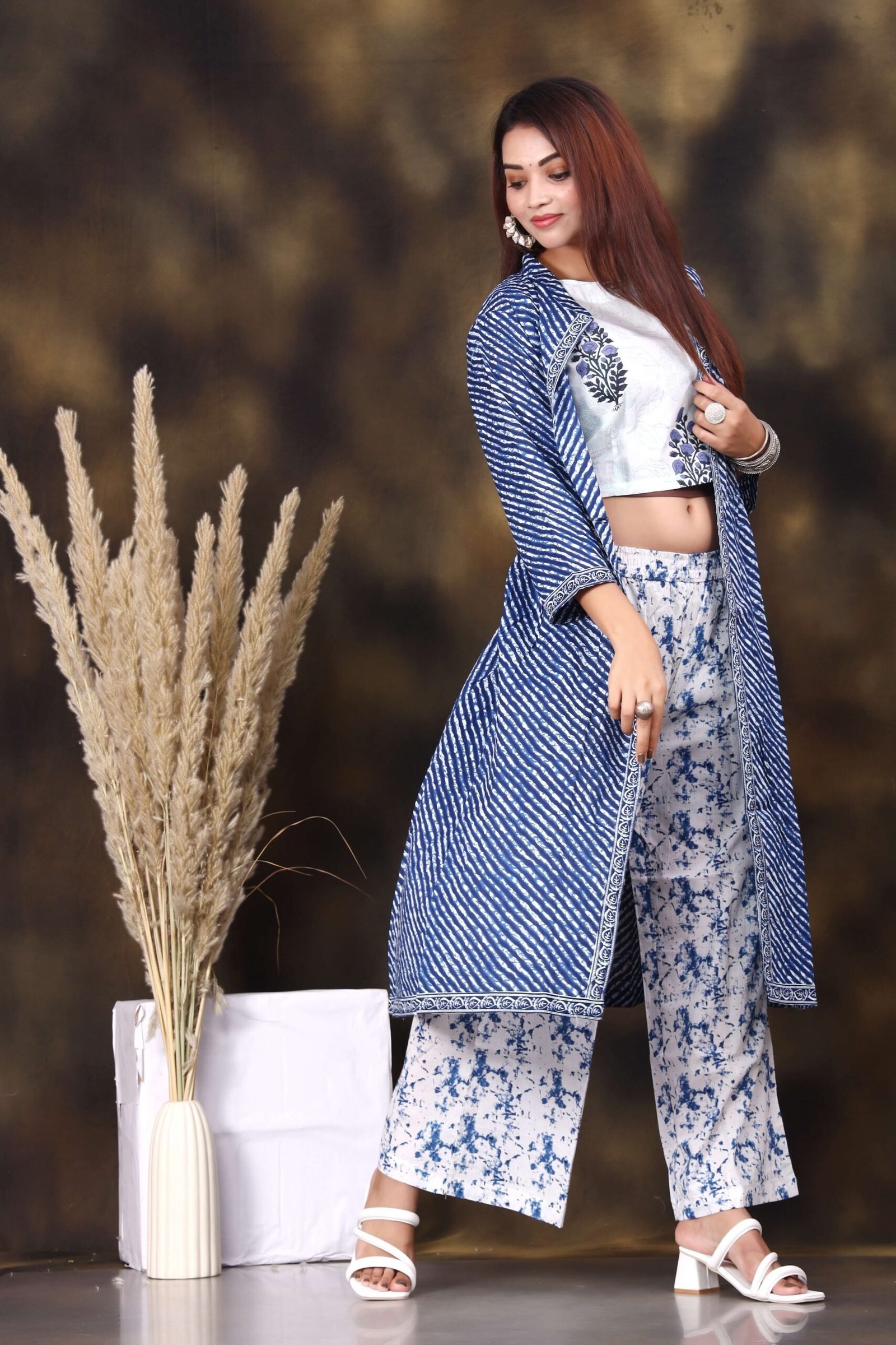 Women’s Printed Long Shrug with Crop Top & Printed Pant Set