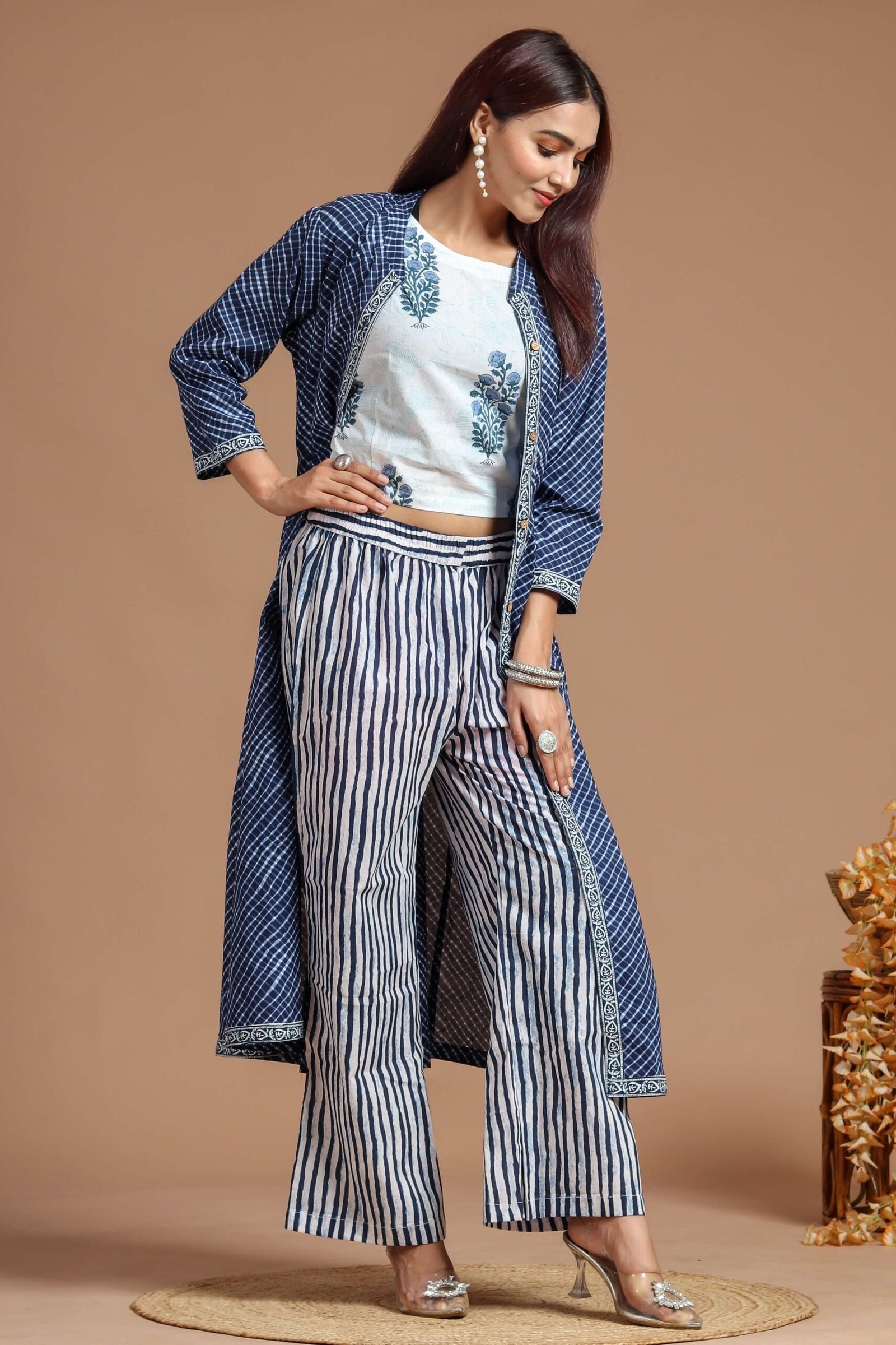 Women’s Printed Long Shrug with Crop Top & Striped Pant Set