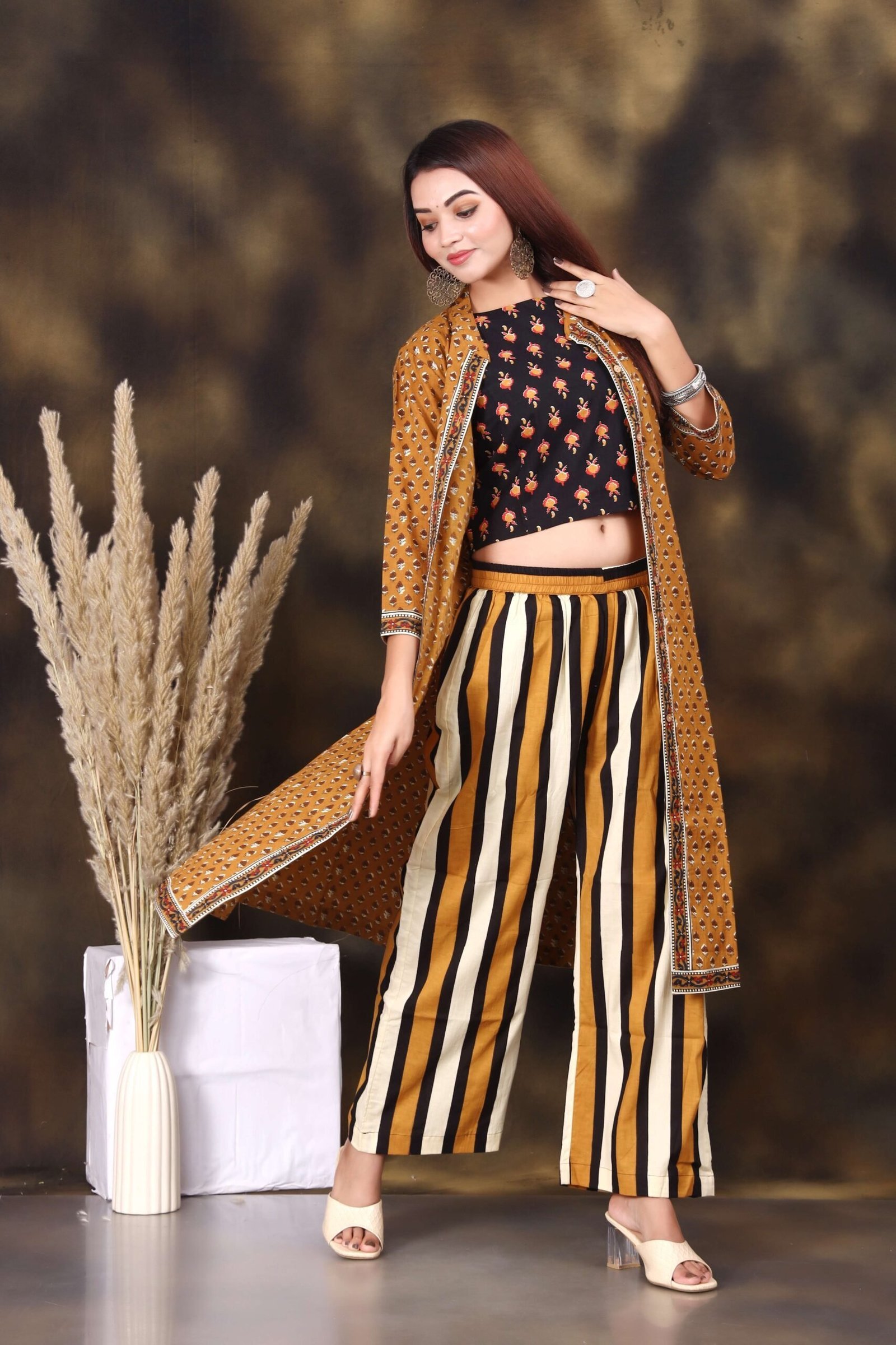 Women’s Printed Long Shrug with Crop Top & Striped Pant Set