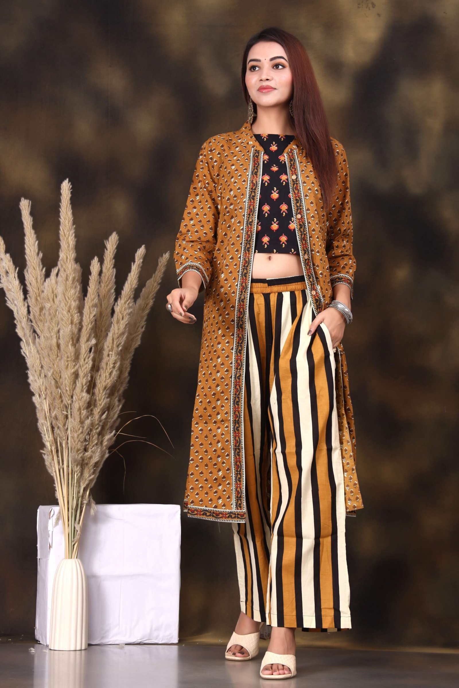 Women’s Printed Long Shrug with Crop Top & Striped Pant Set