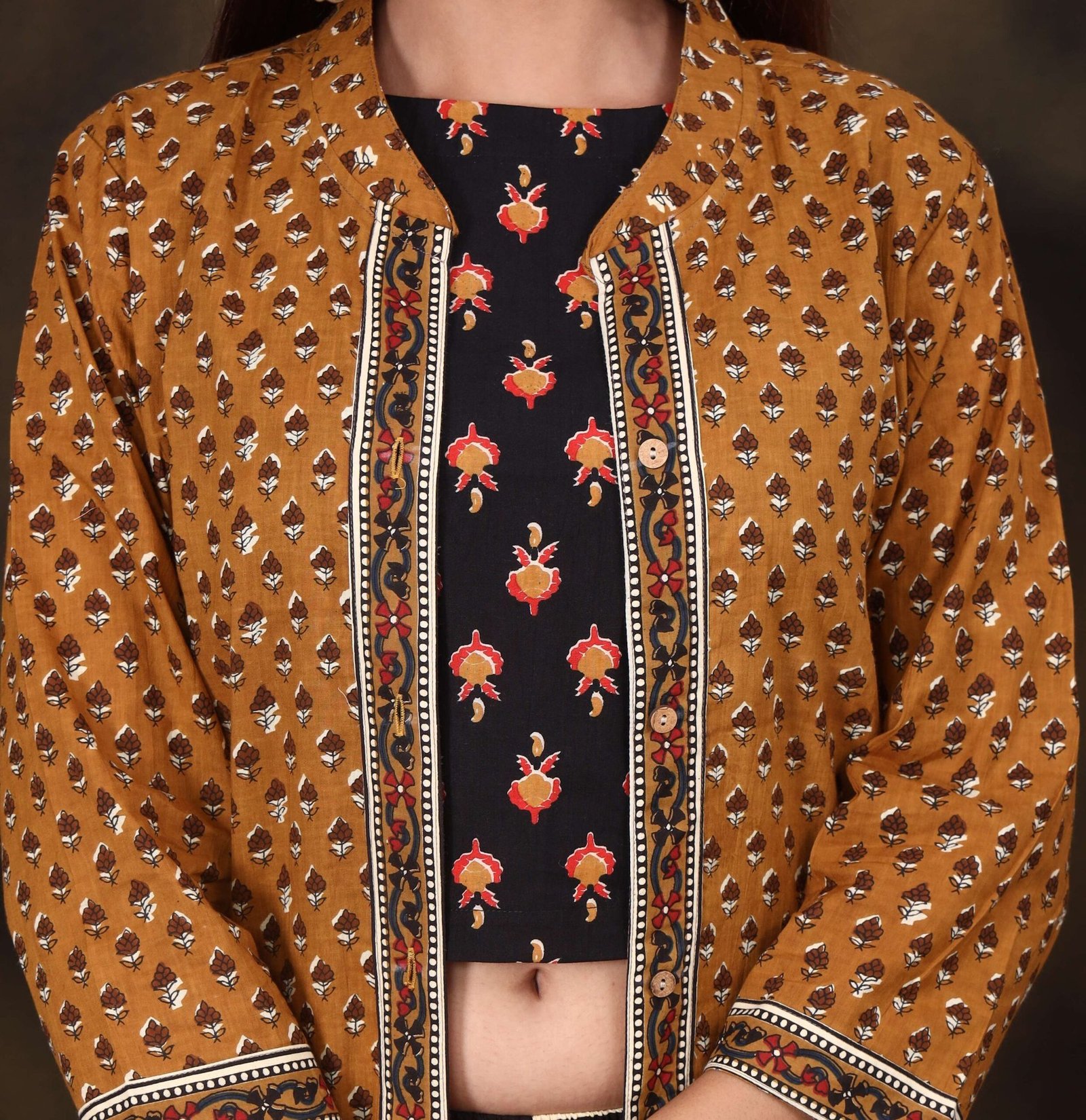 Women’s Printed Long Shrug with Crop Top & Striped Pant Set