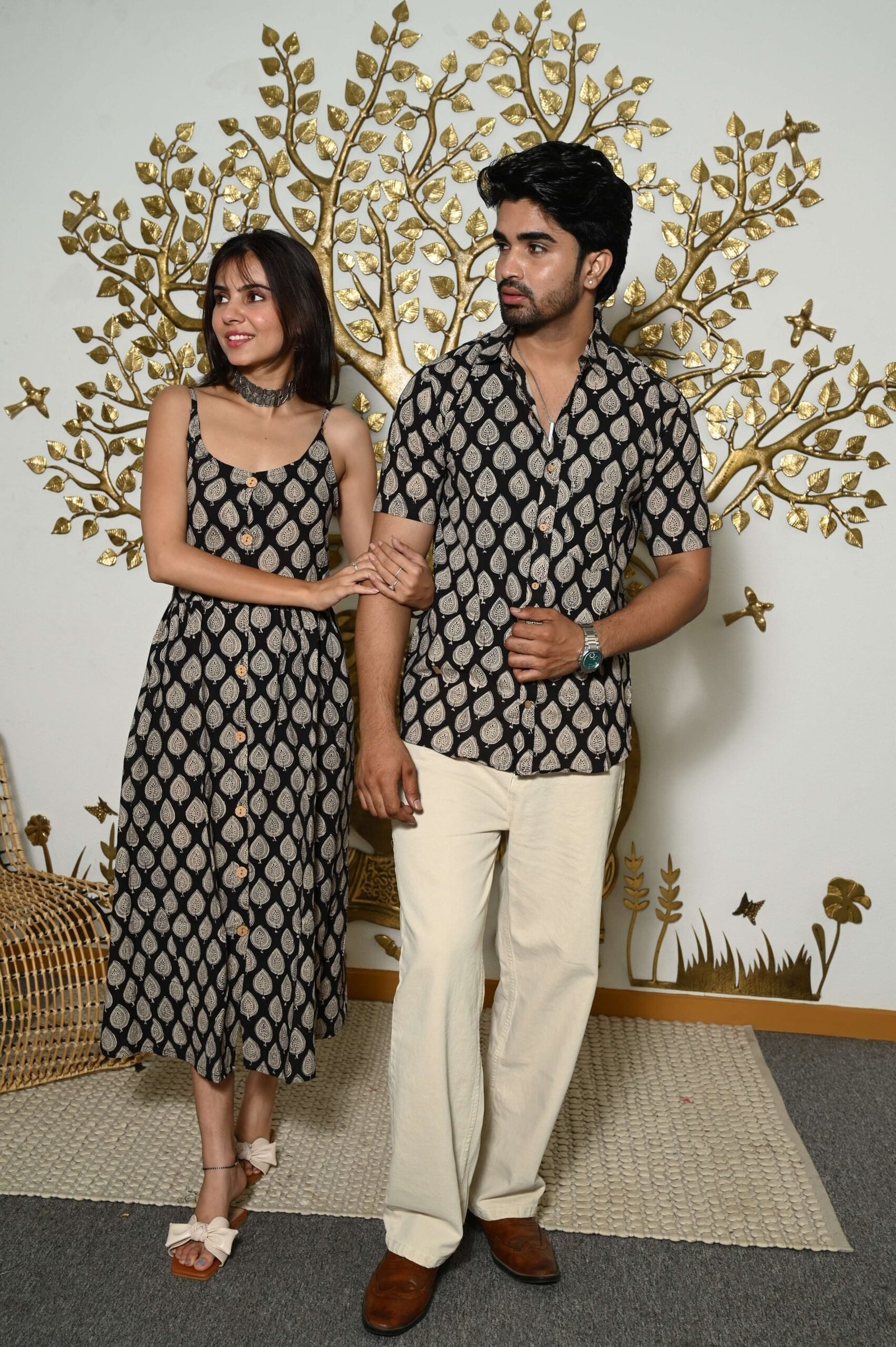 Couple Matching Outfit ? Black Cotton Printed Midi Dress & Shirt Set, Summer Casual Wear