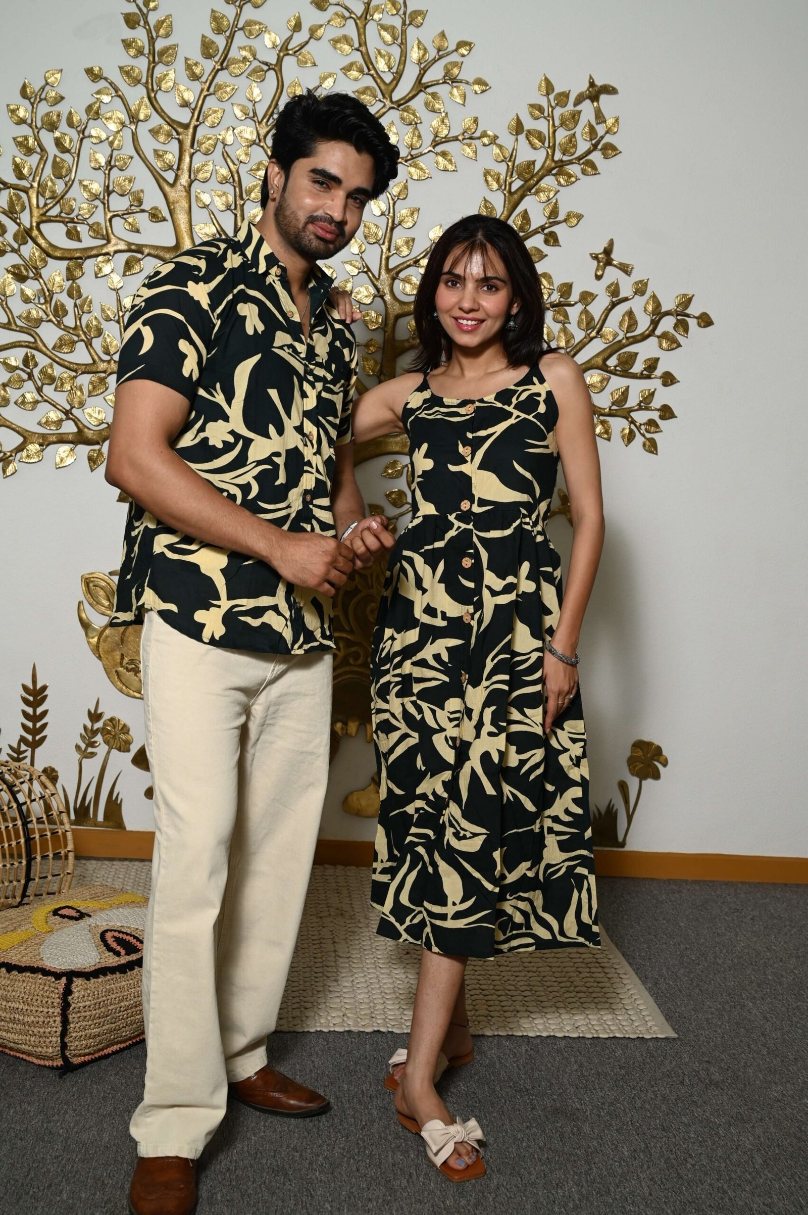 Couple Matching Outfit ? Black Cotton Printed Midi Dress & Shirt Set, Summer Casual Wear