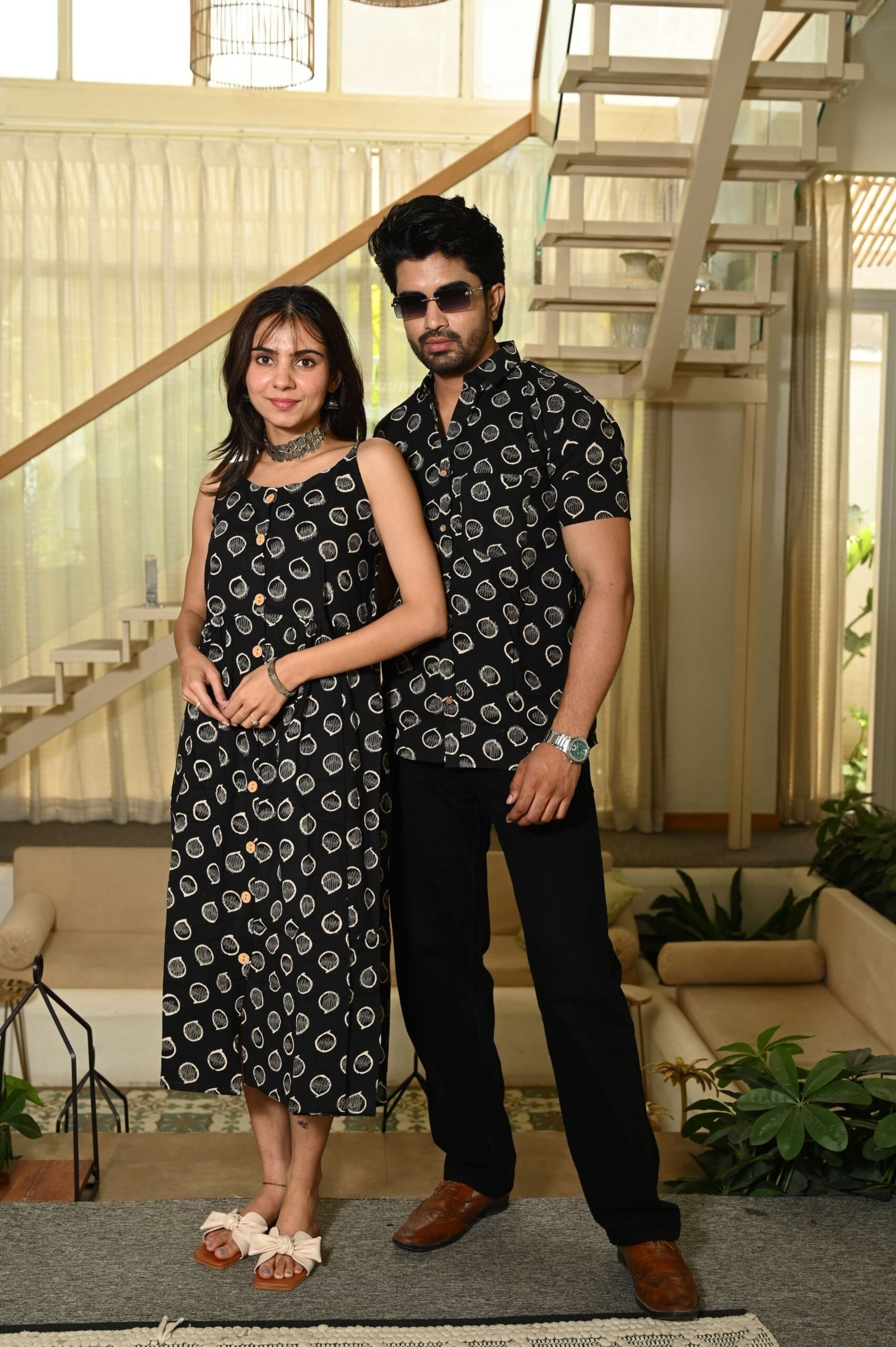Couple Matching Outfit ? Black Printed Cotton Midi Dress & Shirt Set, Ethnic Casual Wear