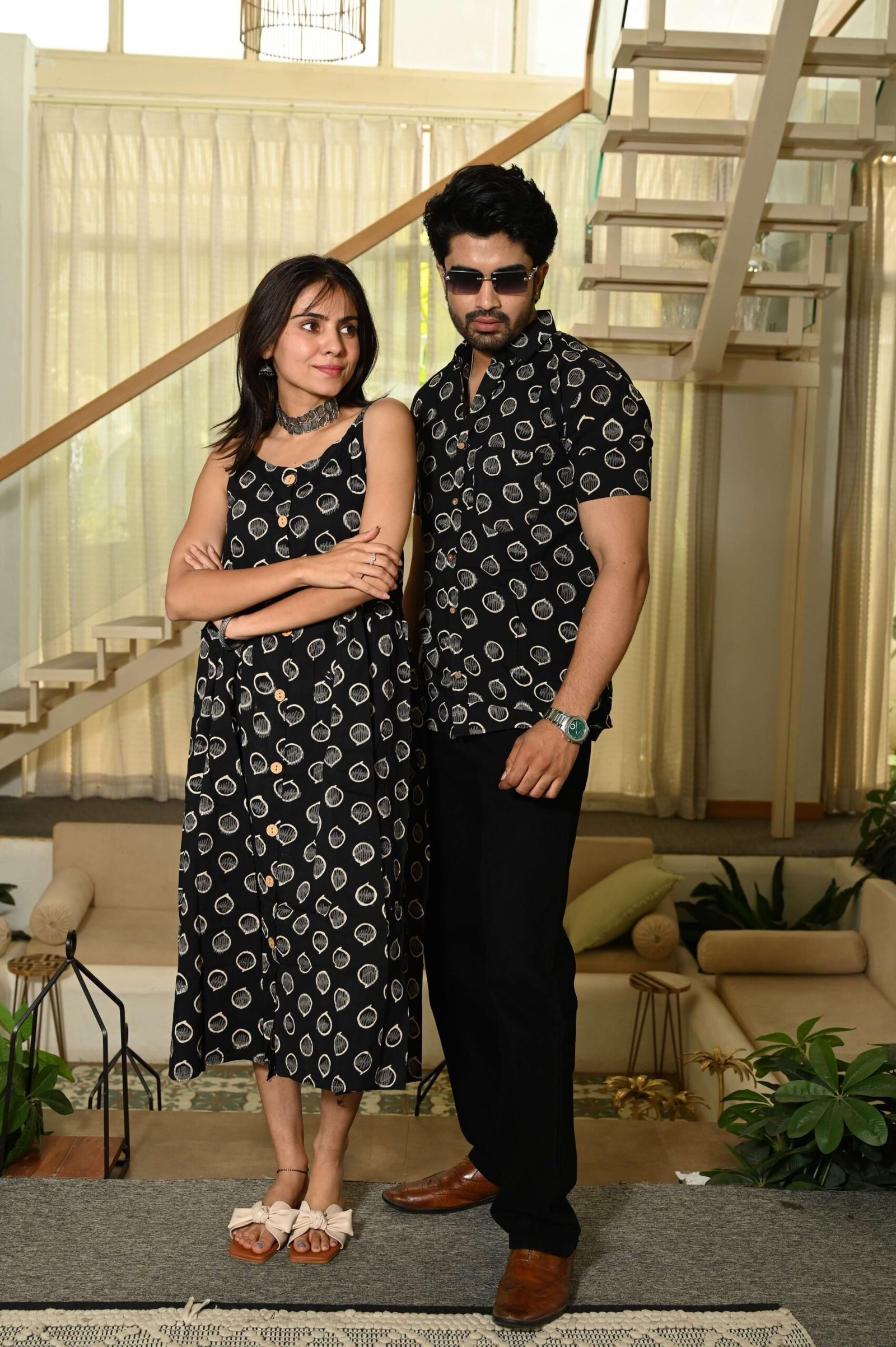 Couple Matching Outfit ? Black Printed Cotton Midi Dress & Shirt Set, Ethnic Casual Wear