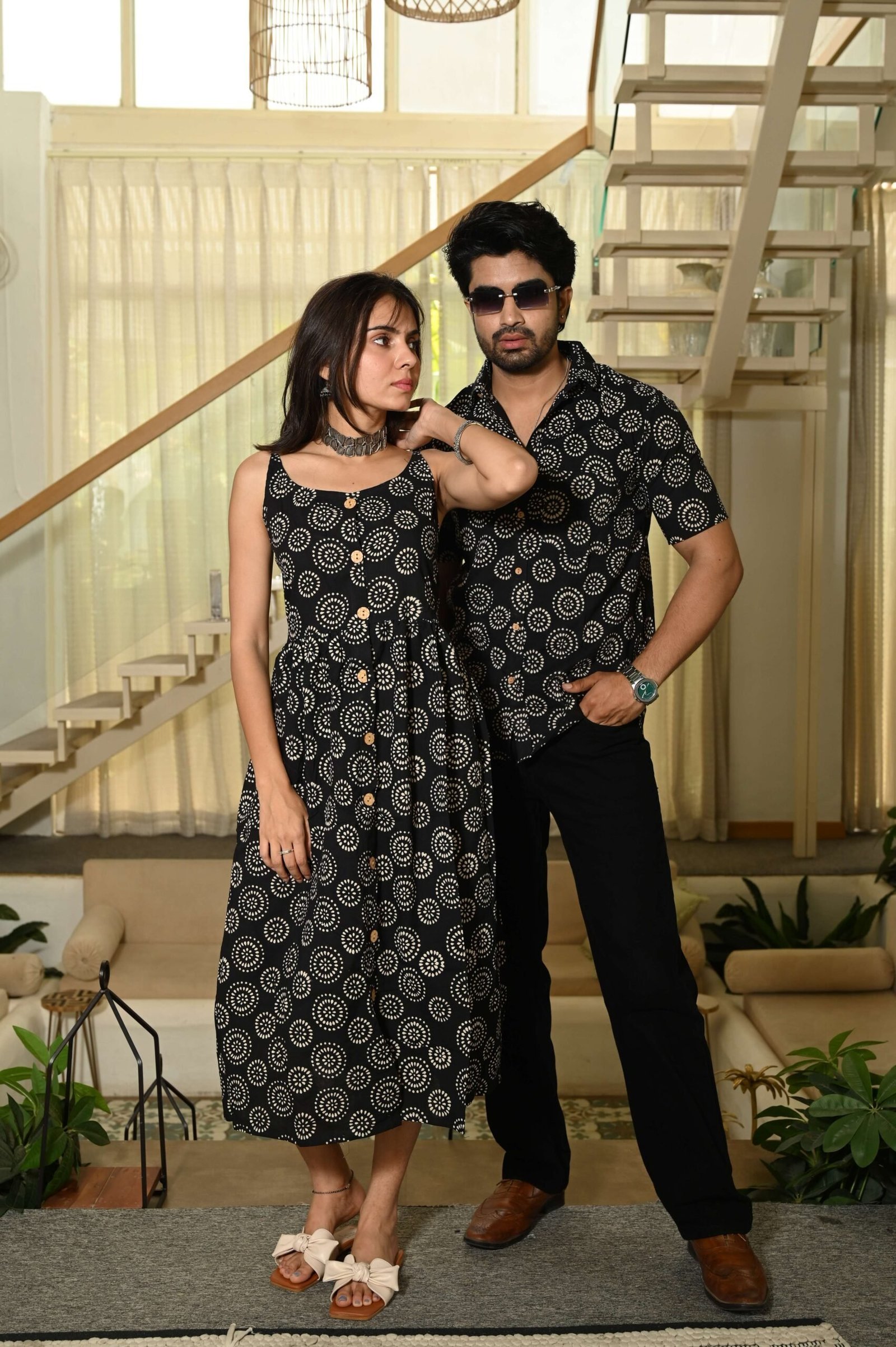 Couple Matching Outfit ? Black Printed Cotton Midi Dress & Shirt Set, Ethnic Casual Wear