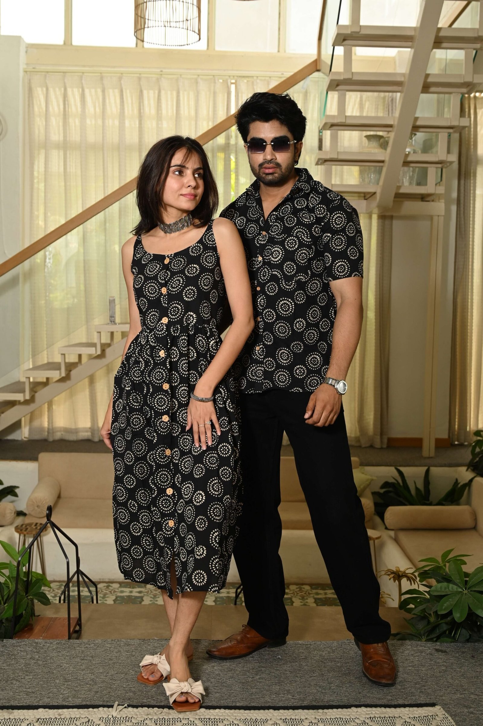 Couple Matching Outfit ? Black Printed Cotton Midi Dress & Shirt Set, Ethnic Casual Wear