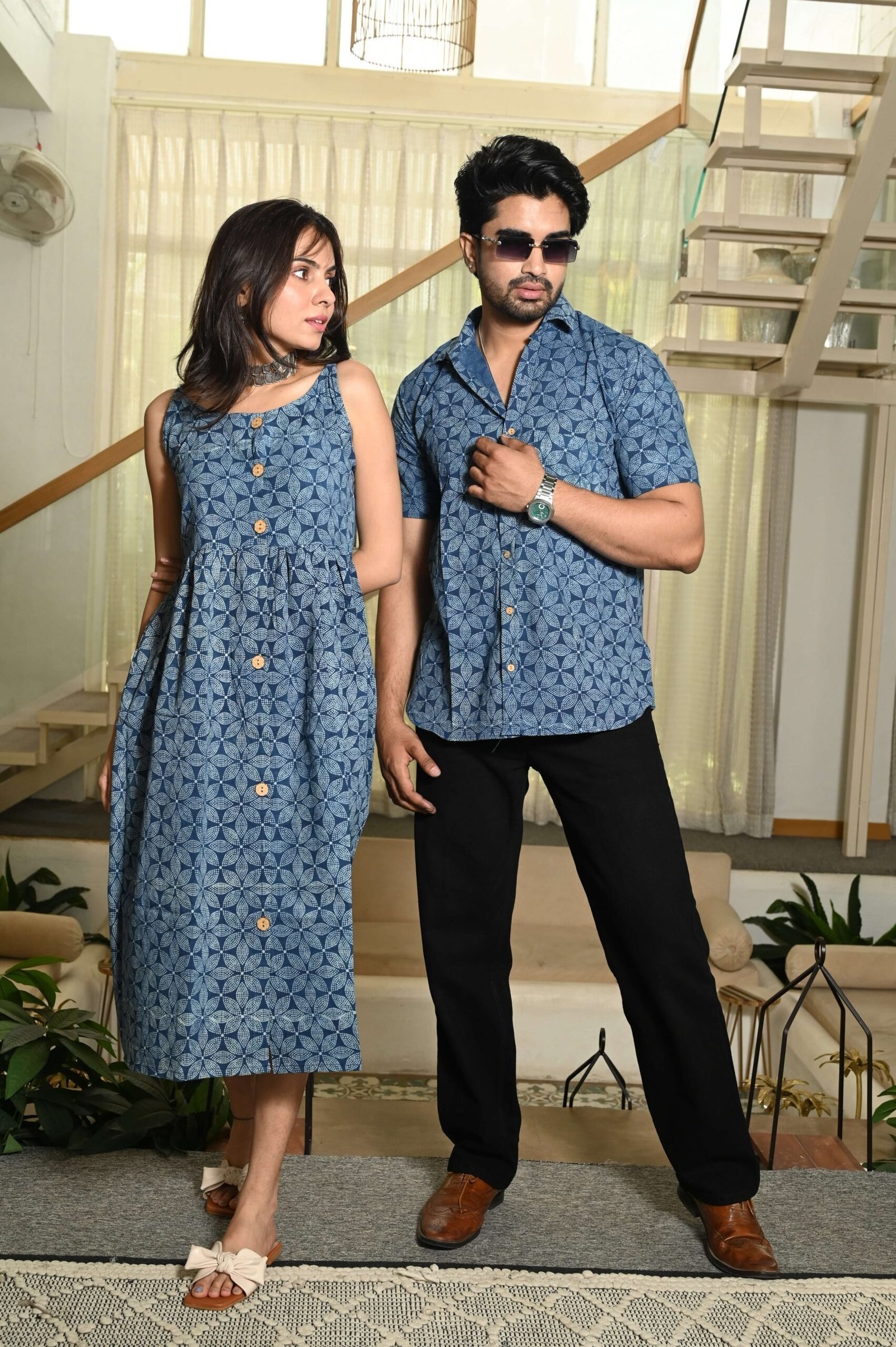Couple Matching Outfit ? Blue Cotton Floral Printed Midi Dress & Shirt Set, Casual Summer Wear