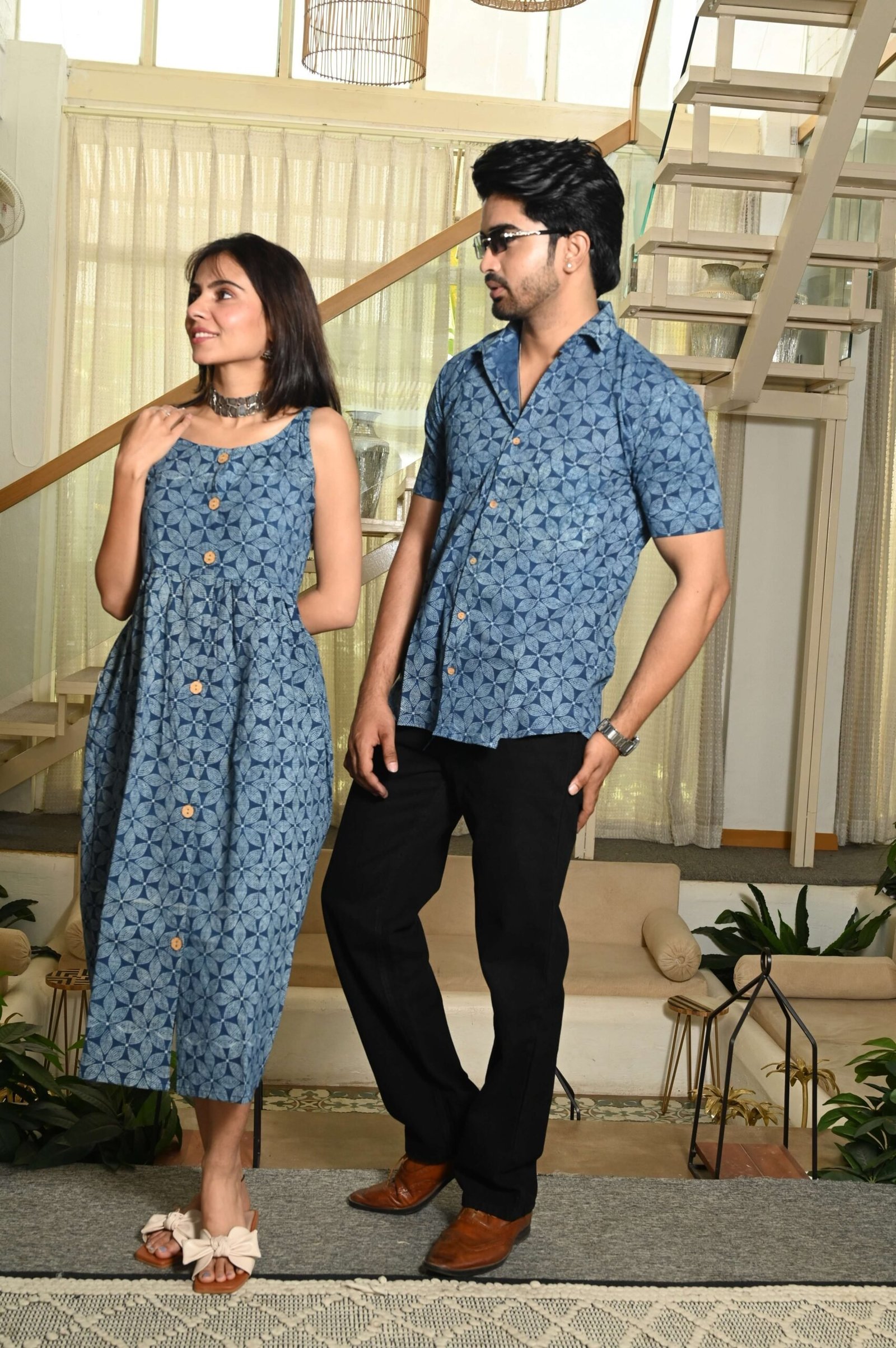Couple Matching Outfit ? Blue Cotton Floral Printed Midi Dress & Shirt Set, Casual Summer Wear