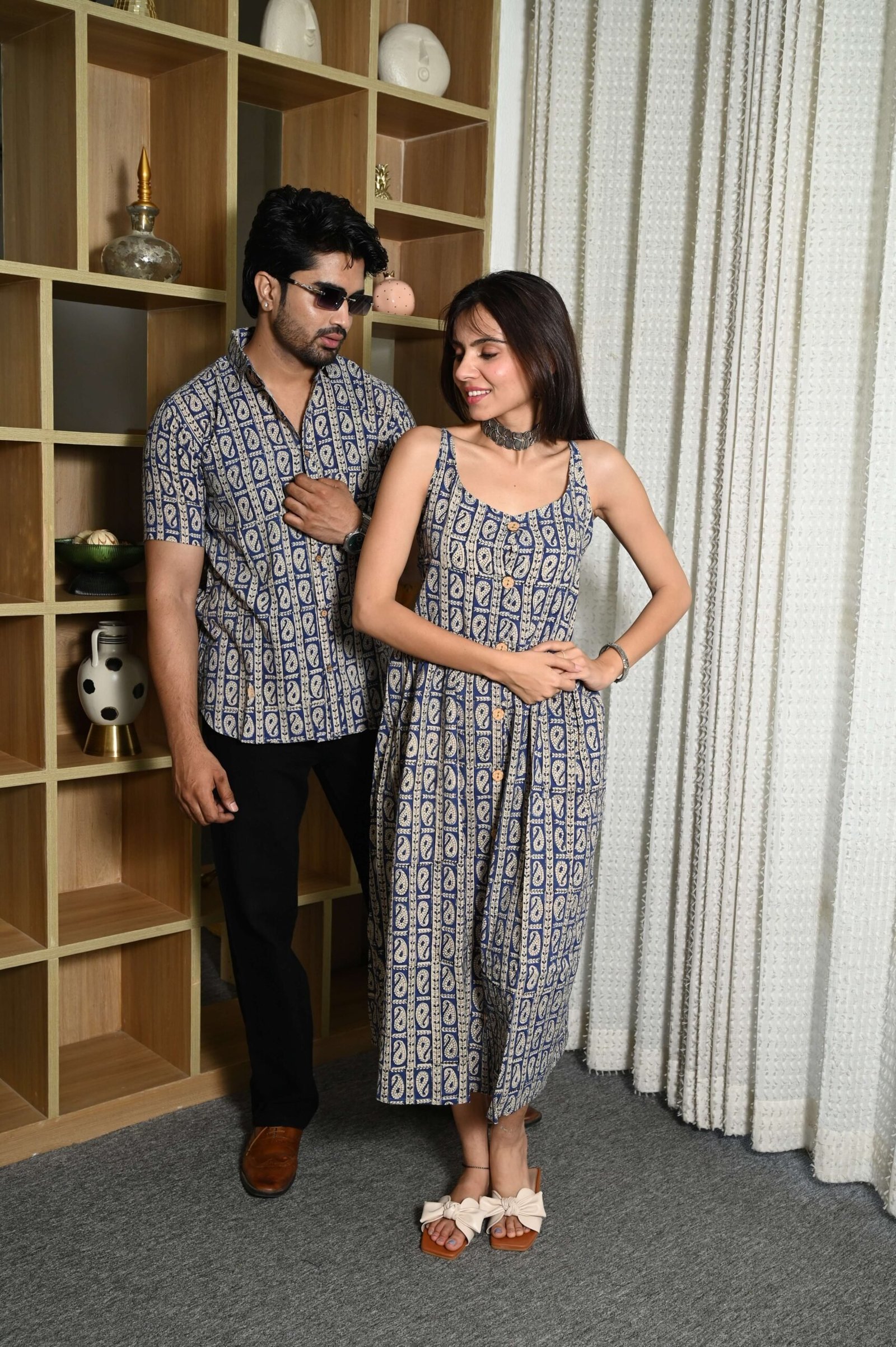 Couple Matching Outfit ? Blue Cotton Printed Midi Dress & Shirt Set, Casual Summer Wear