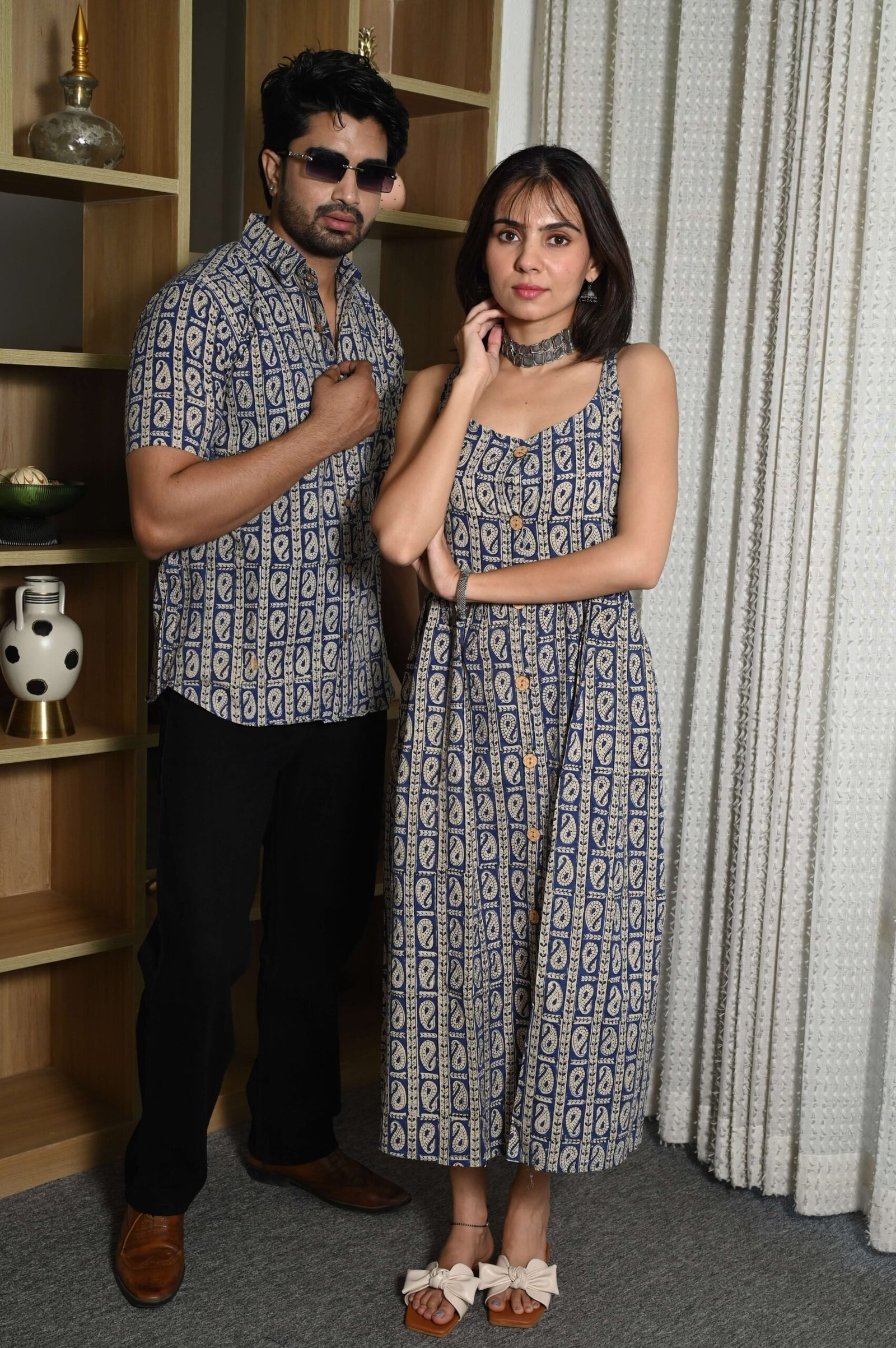 Couple Matching Outfit ? Blue Cotton Printed Midi Dress & Shirt Set, Casual Summer Wear