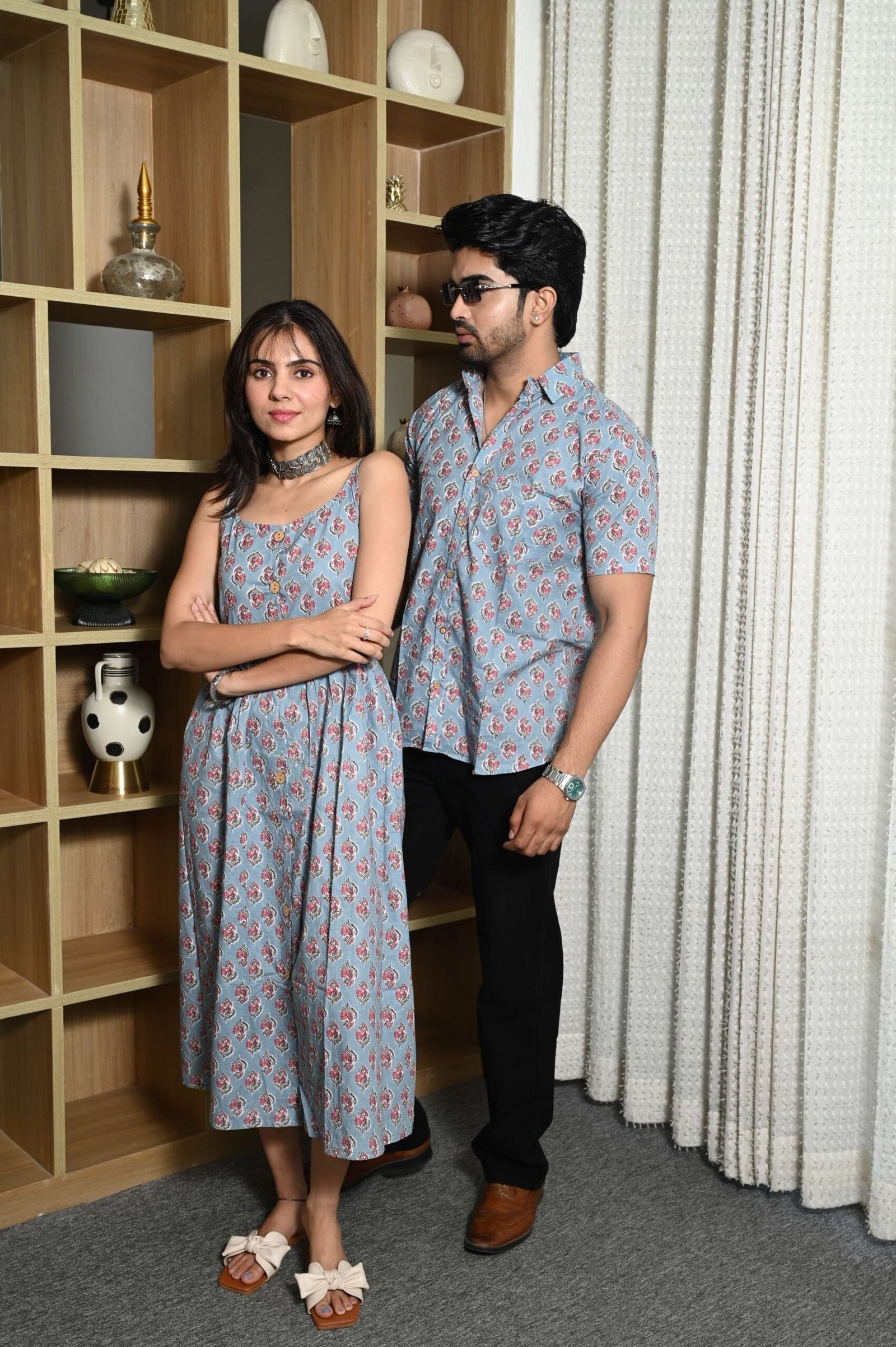 Couple Matching Outfit ? Blue Cotton Printed Midi Dress & Shirt Set, Casual Summer Wear