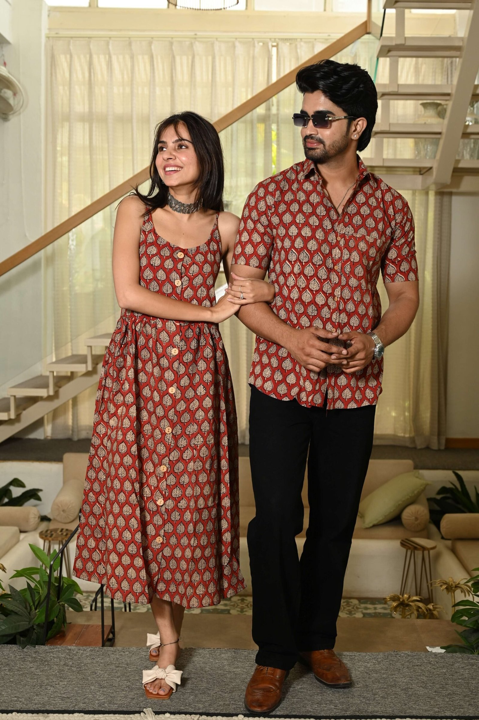 Couple Matching Outfit ? Brick Red & Beige Leaf Print Cotton Midi Dress & Shirt Set, Festive Ethnic Wear