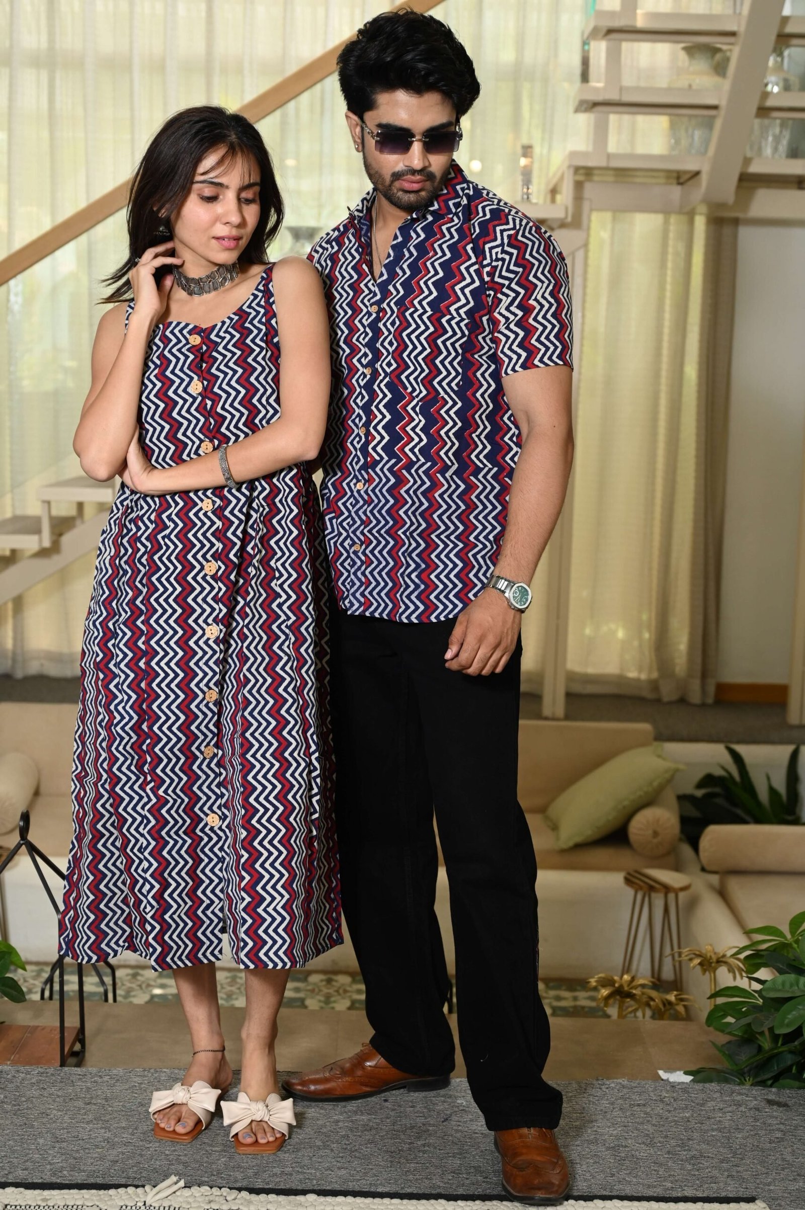 Couple Matching Outfit ? Chevron Print Cotton Midi Dress & Shirt Set, Navy Blue Maroon White, Casual Ethnic Wear