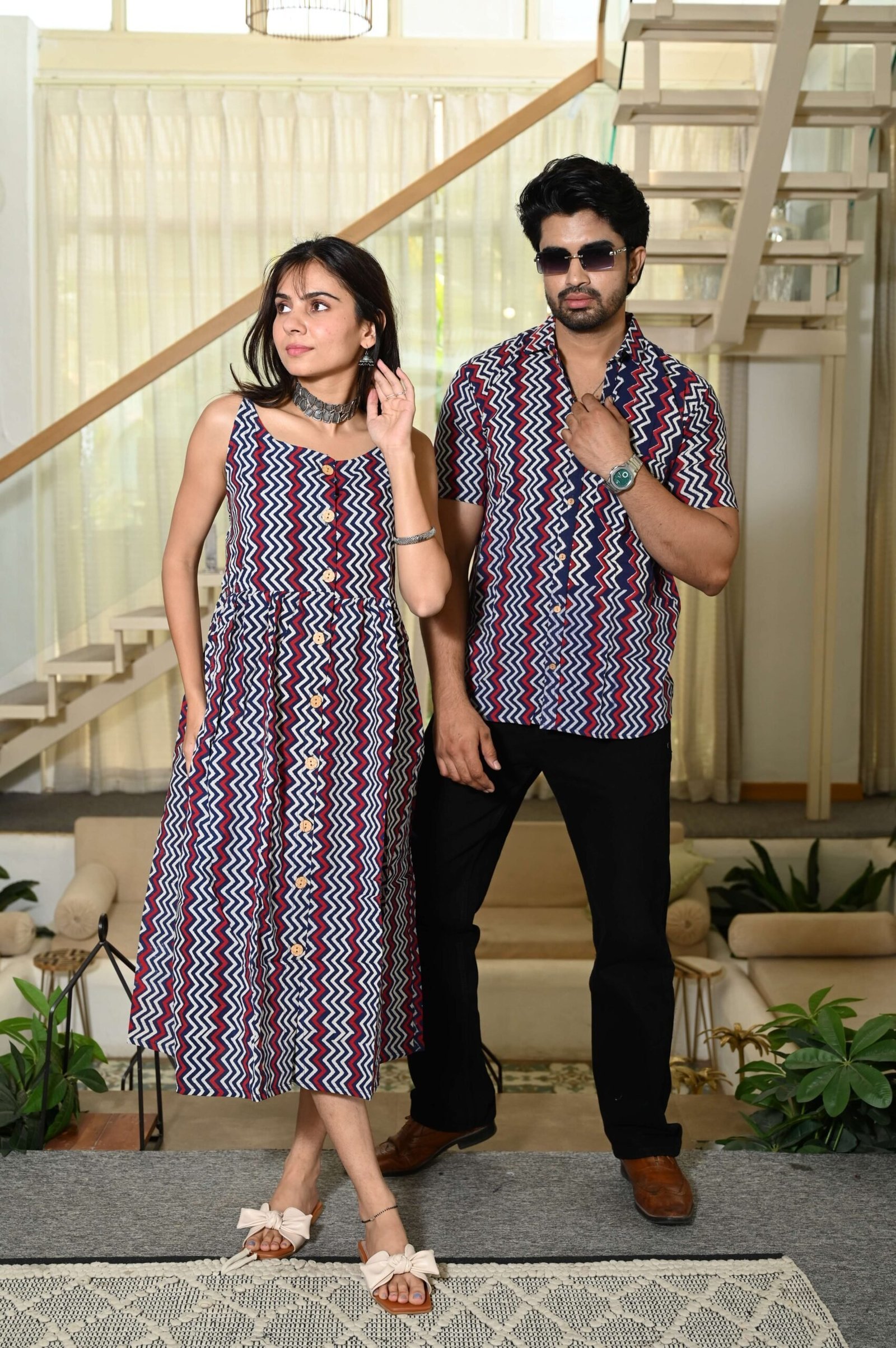 Couple Matching Outfit ? Chevron Print Cotton Midi Dress & Shirt Set, Navy Blue Maroon White, Casual Ethnic Wear